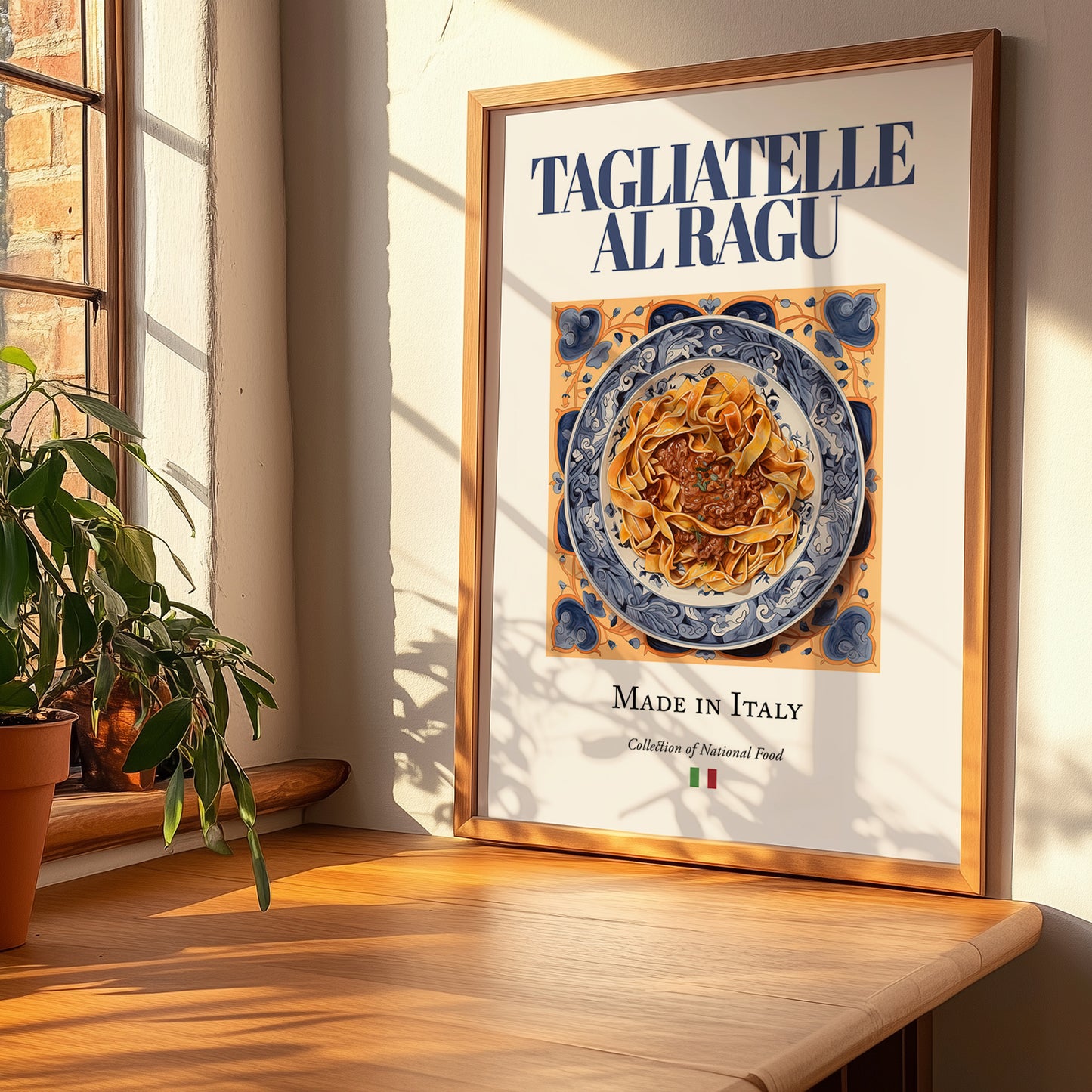 Tagliatelle al Ragu – Italian Pasta, Osteria Print, no-text version framed in wood