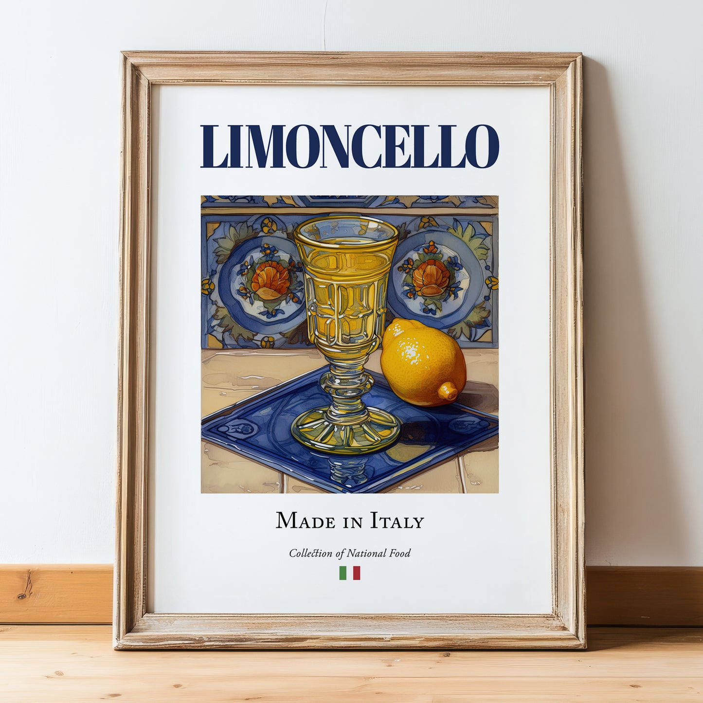 Limoncello – Italian Liqueur Drink, Cocktail Lounge Poster, in wooden frame leaning on the floor