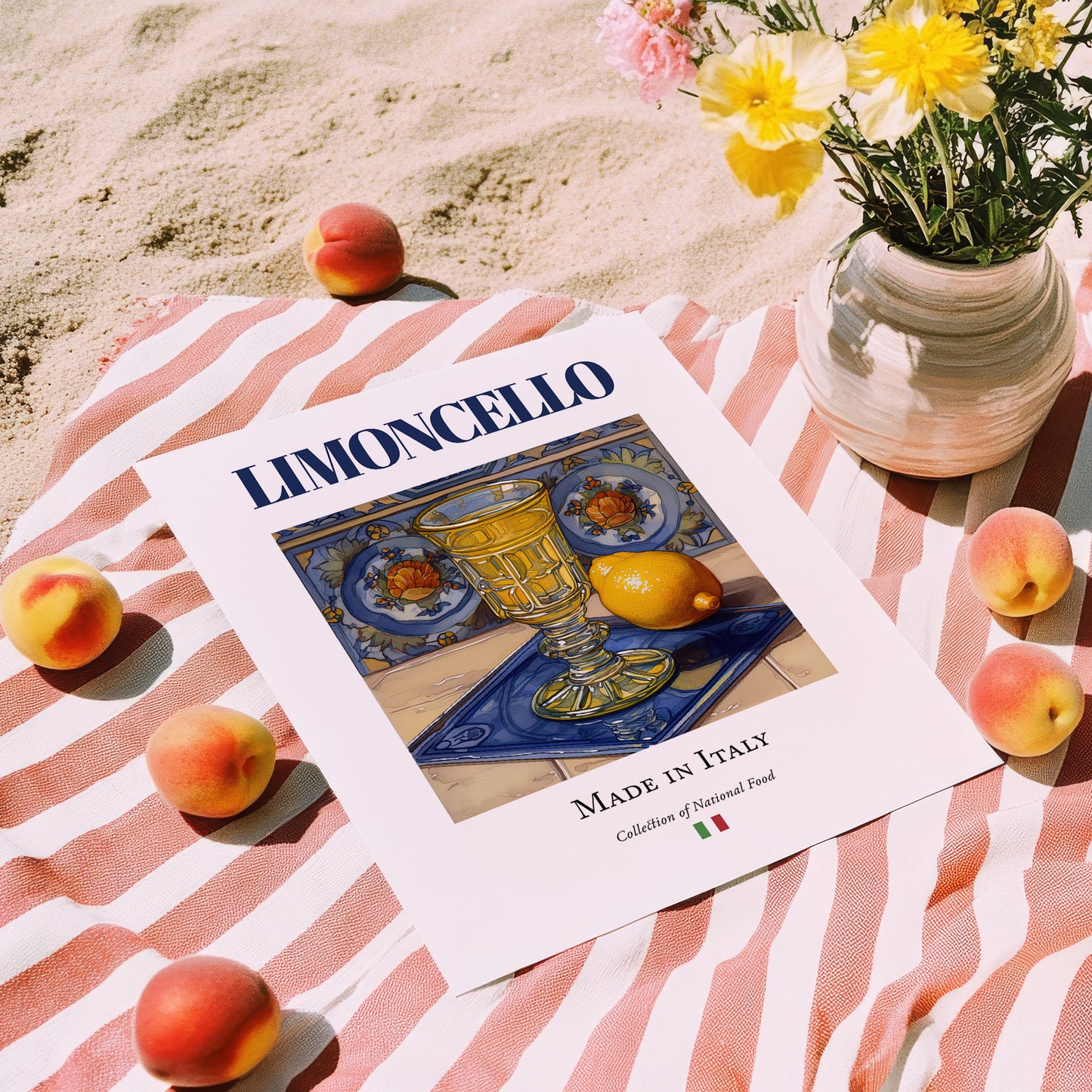 Limoncello – Italian Liqueur Drink, Cocktail Lounge Poster, unframed on coastal sand