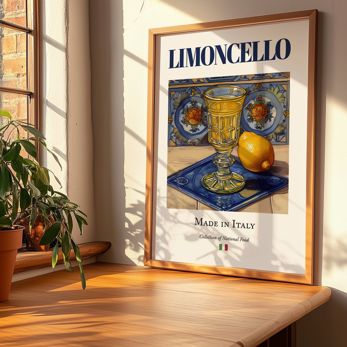 Limoncello – Italian Liqueur Drink, Cocktail Lounge Poster, no-text version framed in wood