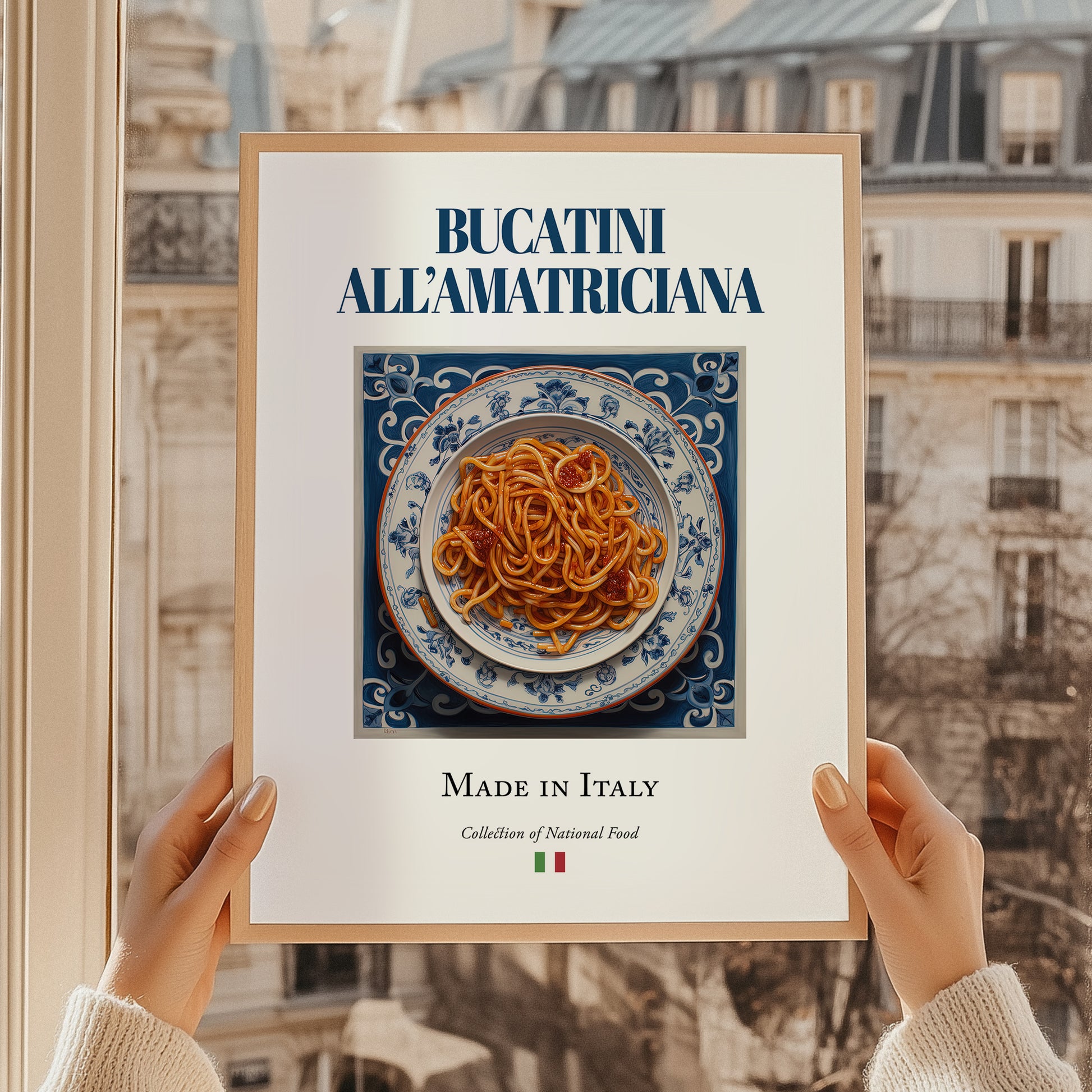 Bucatini all'Amatriciana – Italian Pasta, Trattoria Painting, styled in a charming Paris street view