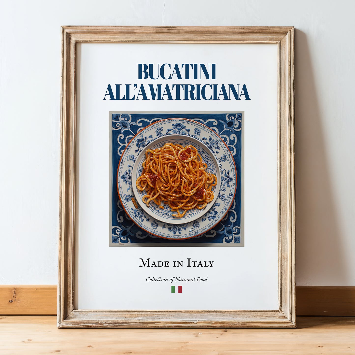 Bucatini all'Amatriciana – Italian Pasta, Trattoria Painting, in wooden frame leaning on the floor