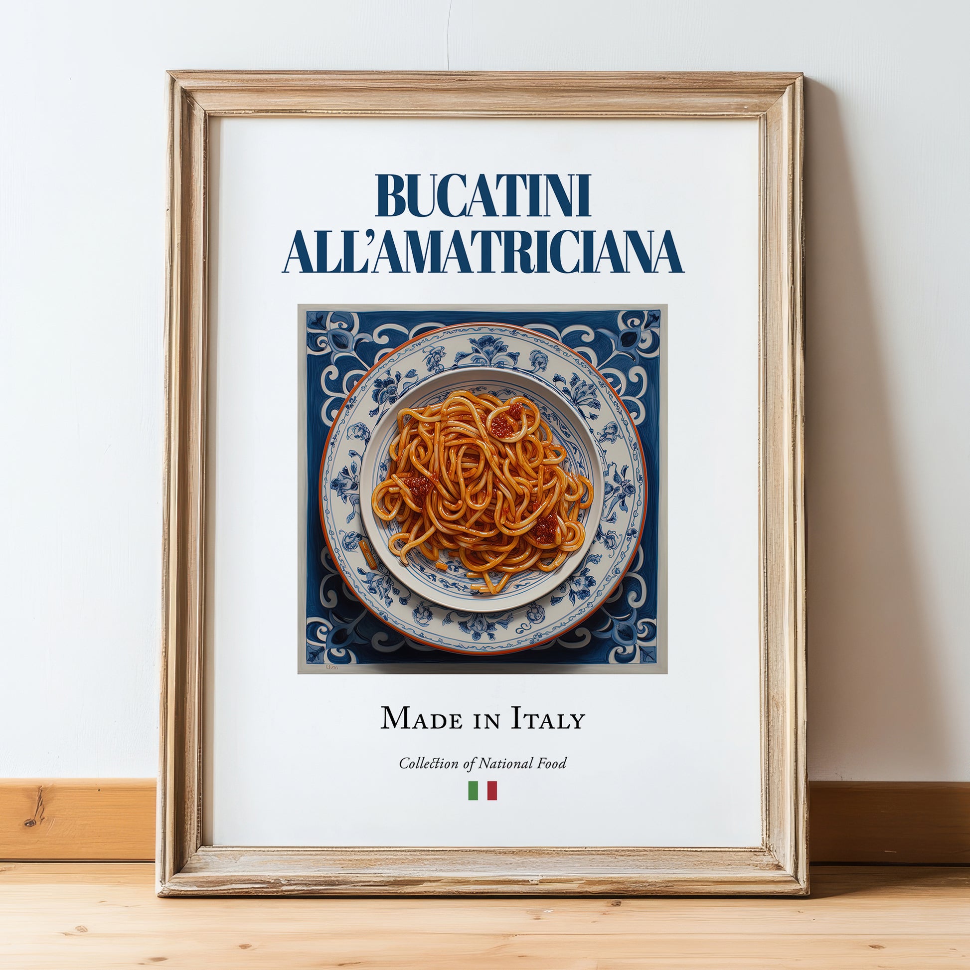 Bucatini all'Amatriciana – Italian Pasta, Trattoria Painting, in wooden frame leaning on the floor