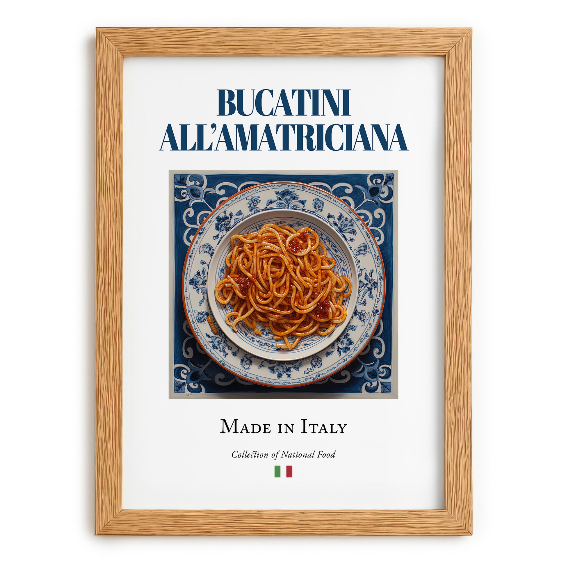 Bucatini all'Amatriciana – Italian Pasta, Trattoria Painting, set in oak frame