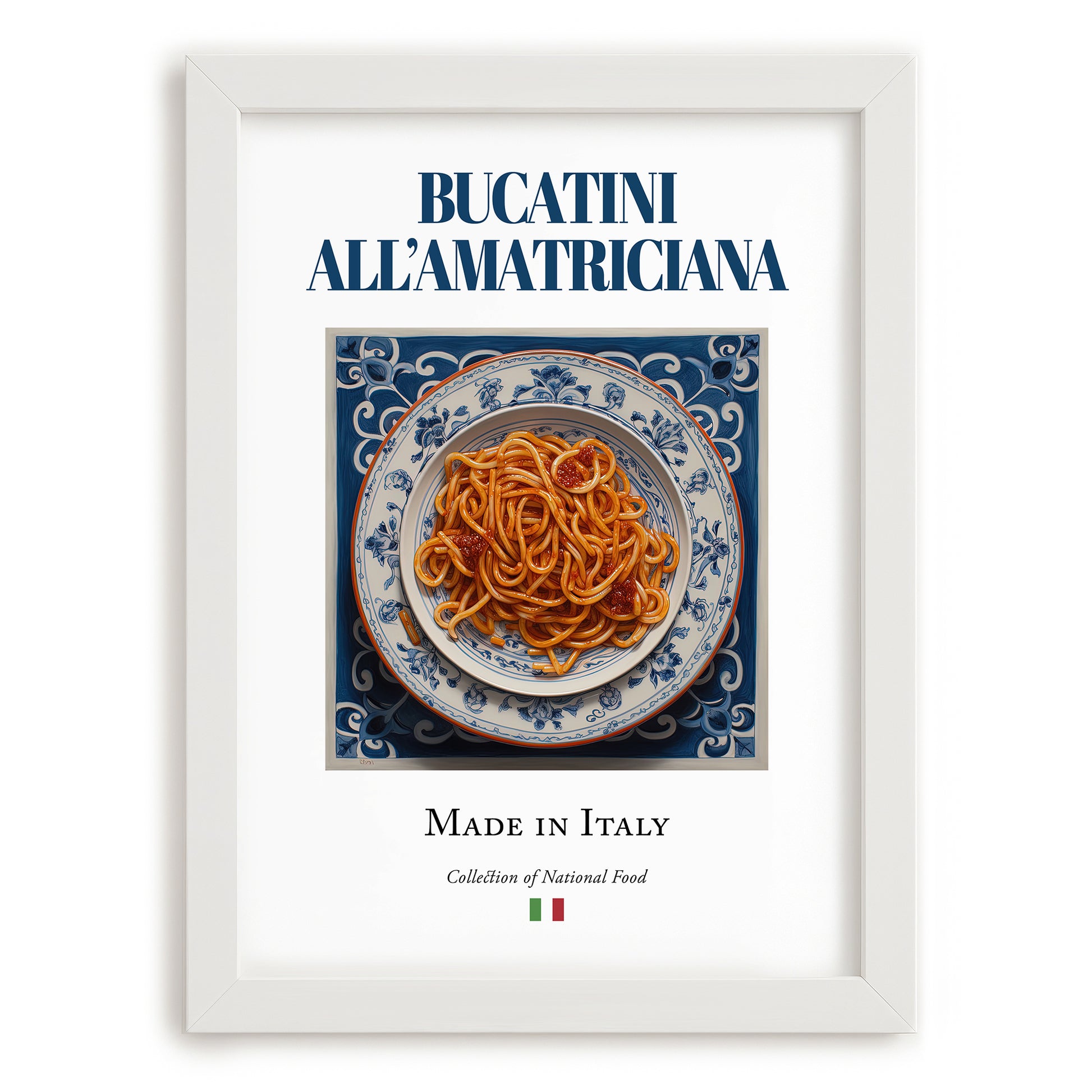 Bucatini all'Amatriciana – Italian Pasta, Trattoria Painting, placed in minimal white frame