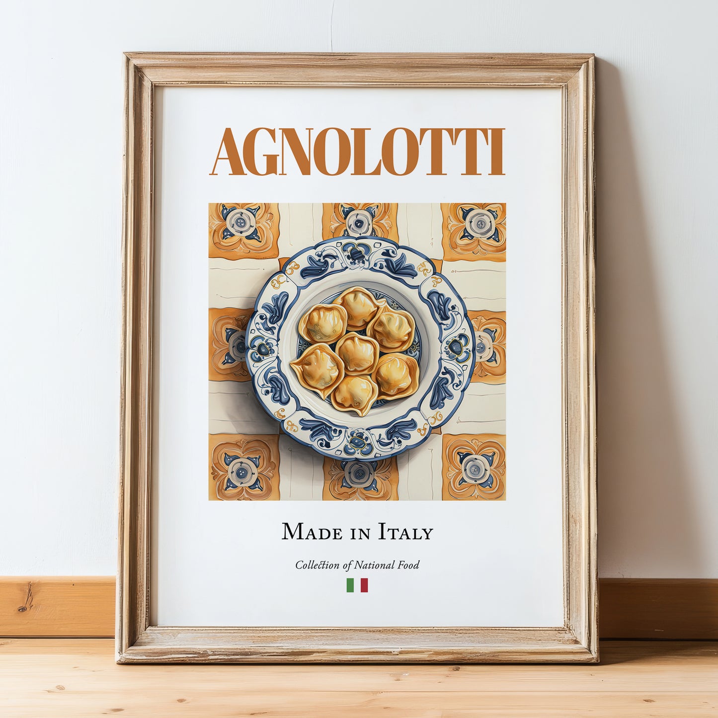 Agnolotti – Italian Pasta, Osteria Wall Art, in wooden frame leaning on the floor