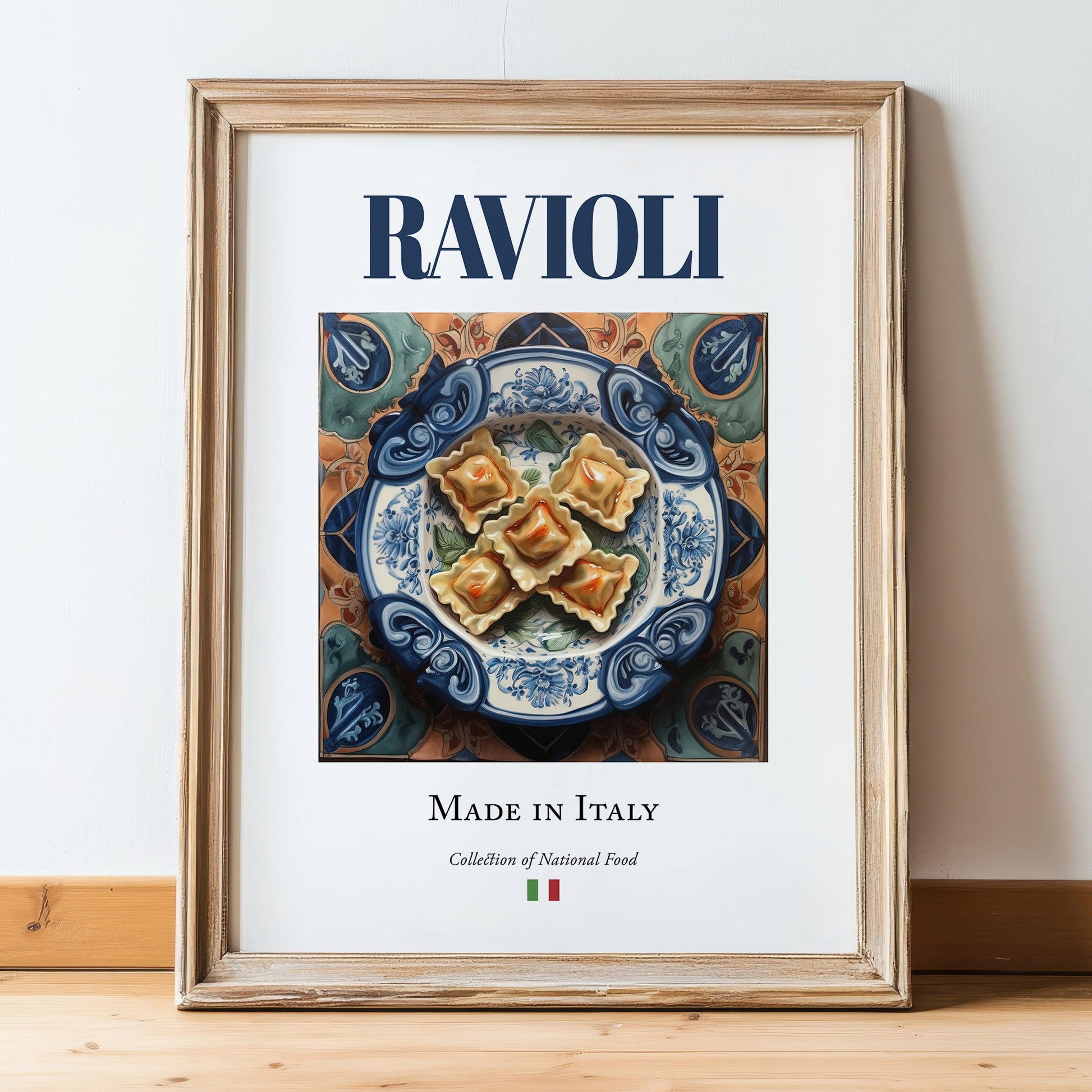 Ravioli – Italian Pasta, Osteria Print, in wooden frame leaning on the floor