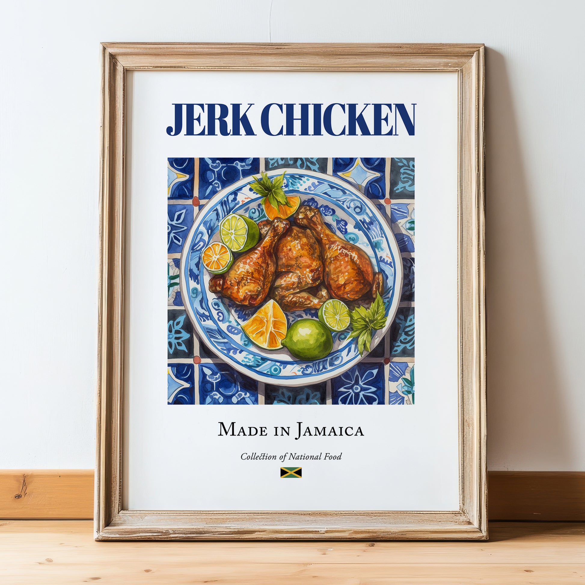 Jerk Chicken – Jamaican Meat Dish, Tavern Still Life, in wooden frame leaning on the floor