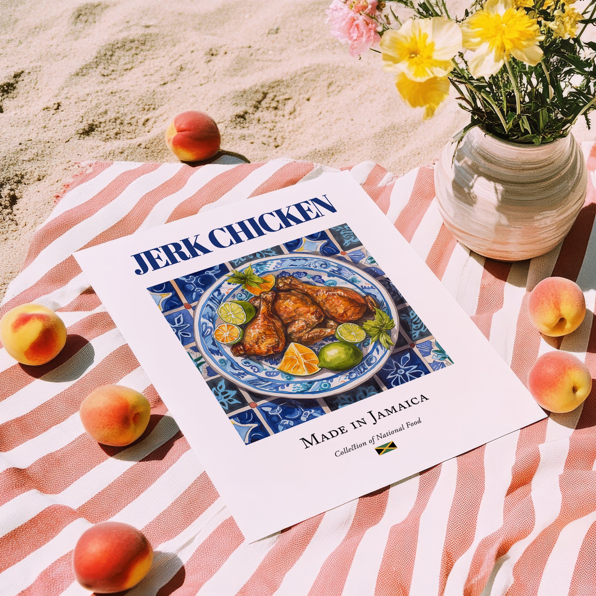 Jerk Chicken – Jamaican Meat Dish, Tavern Still Life, unframed on coastal sand