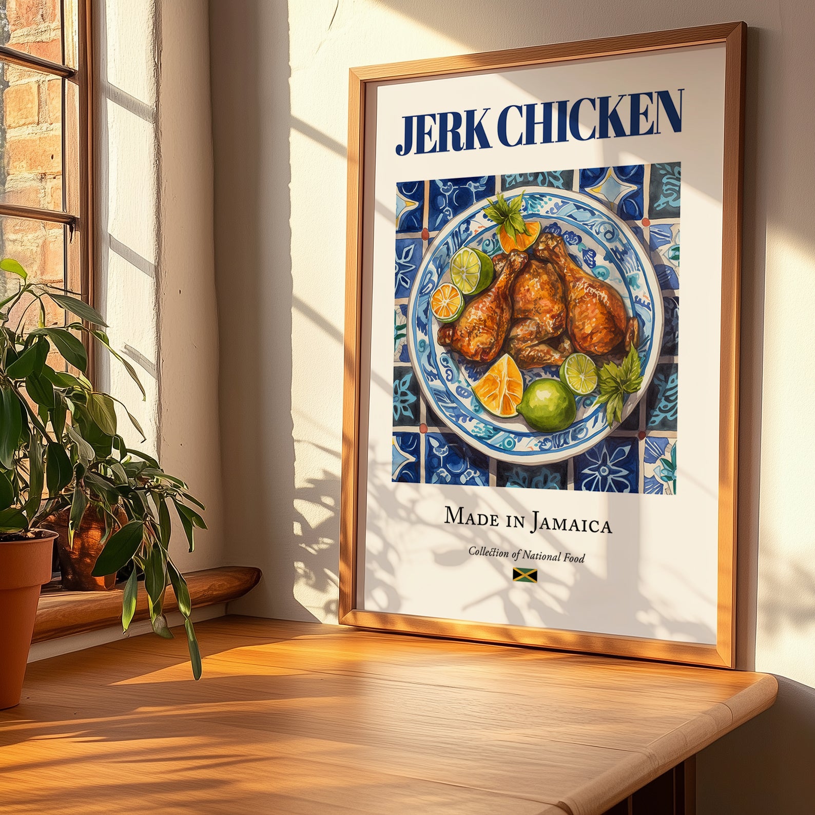 Jerk Chicken – Jamaican Meat Dish, Tavern Still Life, no-text version framed in wood