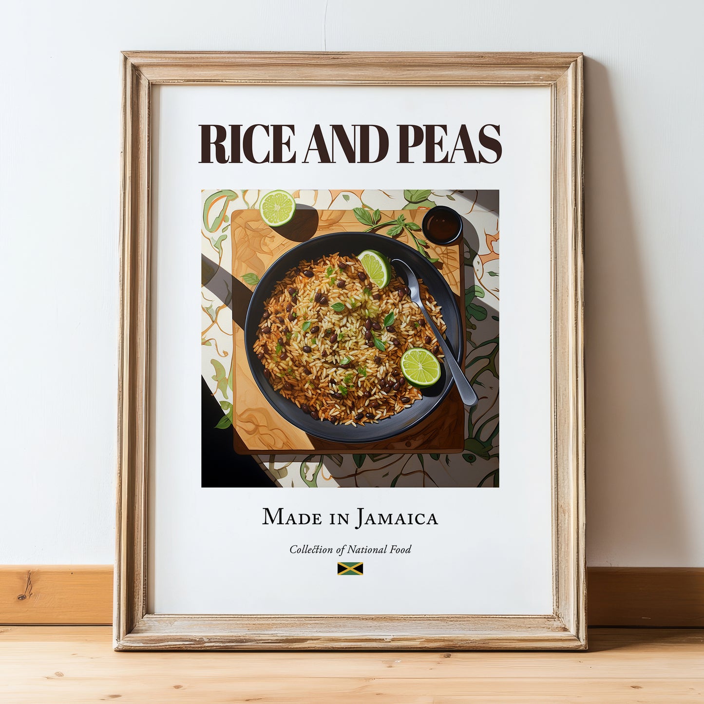 Rice and Peas – Jamaican Rice Dish, Food Bar Still Life, in wooden frame leaning on the floor