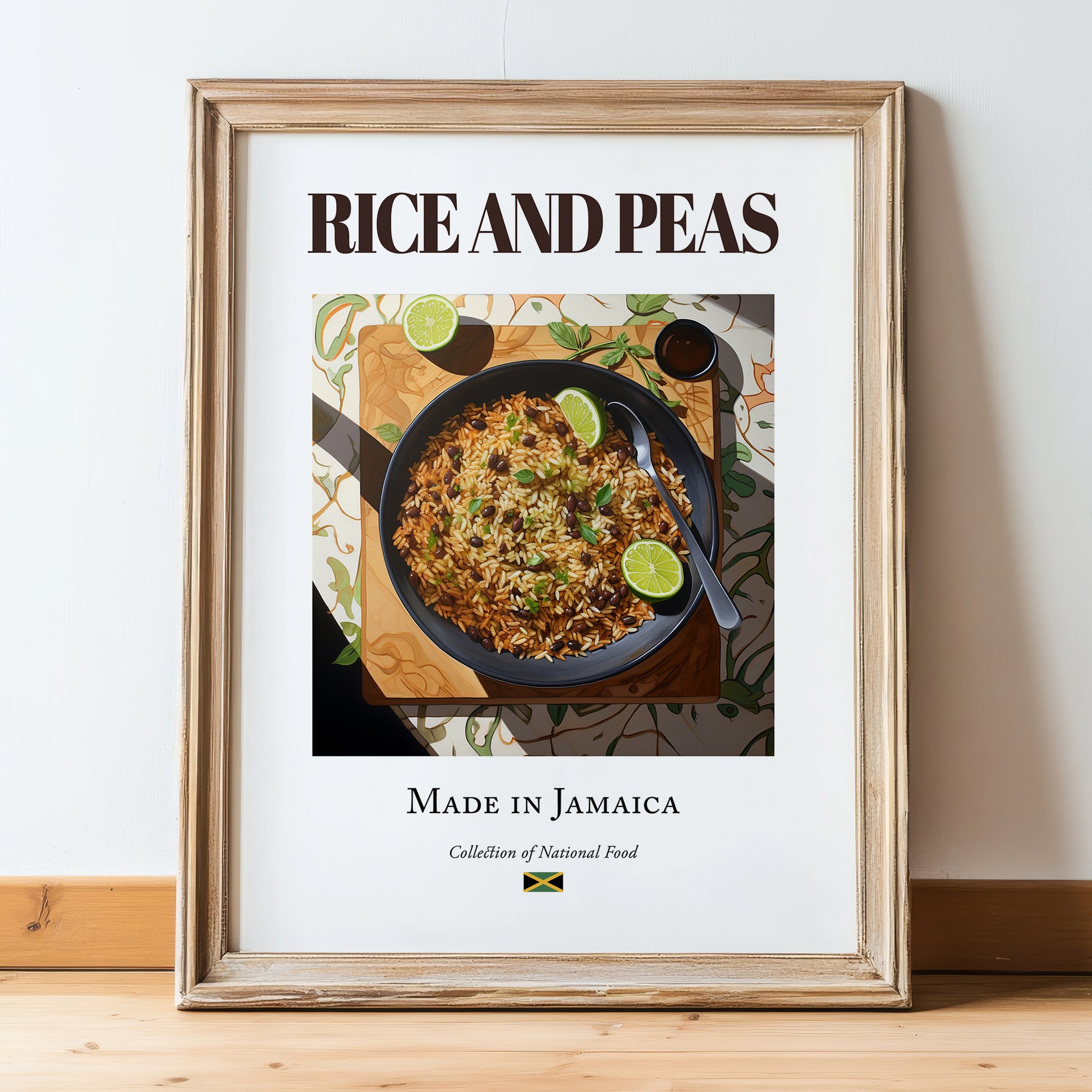 Rice and Peas – Jamaican Rice Dish, Food Bar Still Life, in wooden frame leaning on the floor