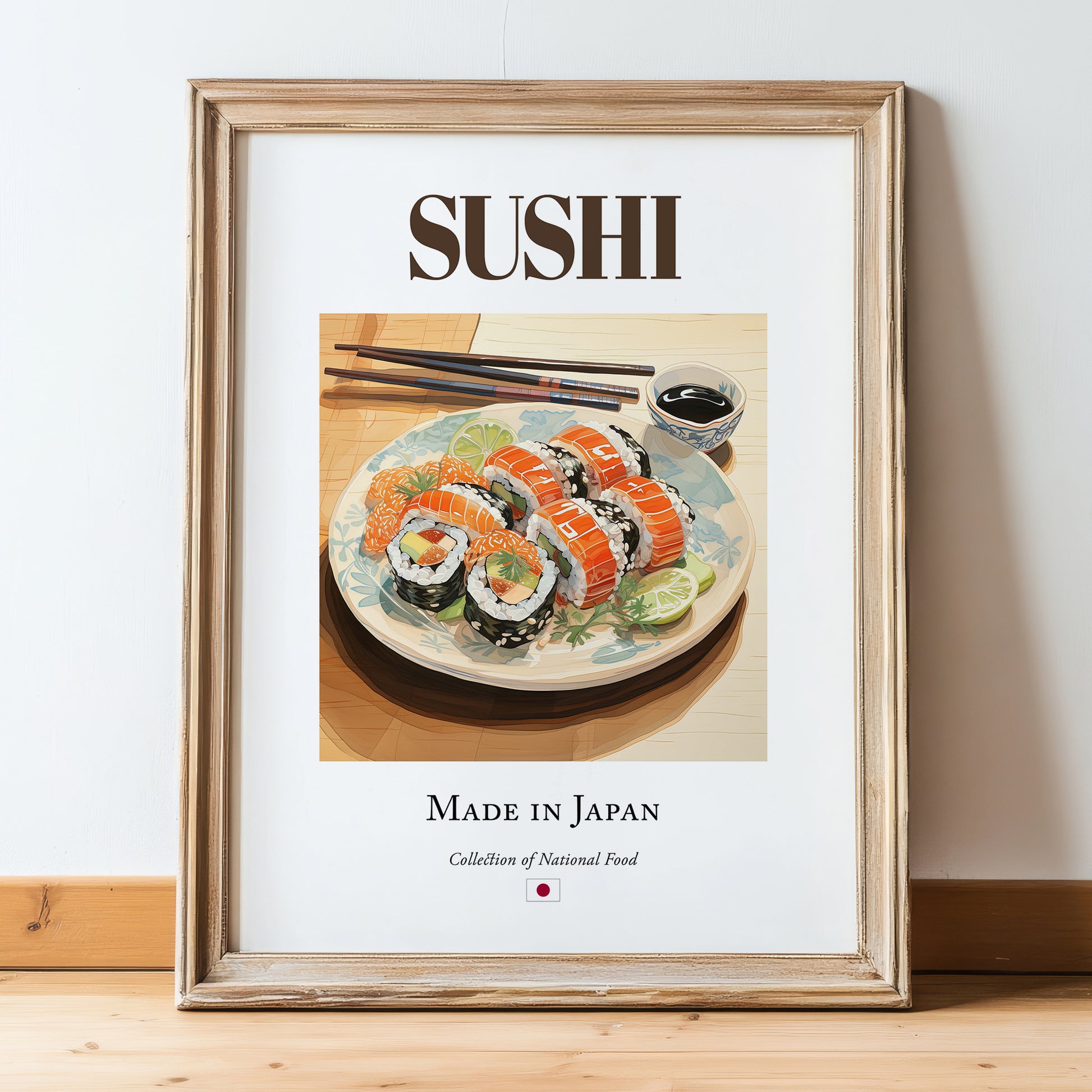 Sushi – Japanese Dish, Tavern Wall Art, in wooden frame leaning on the floor
