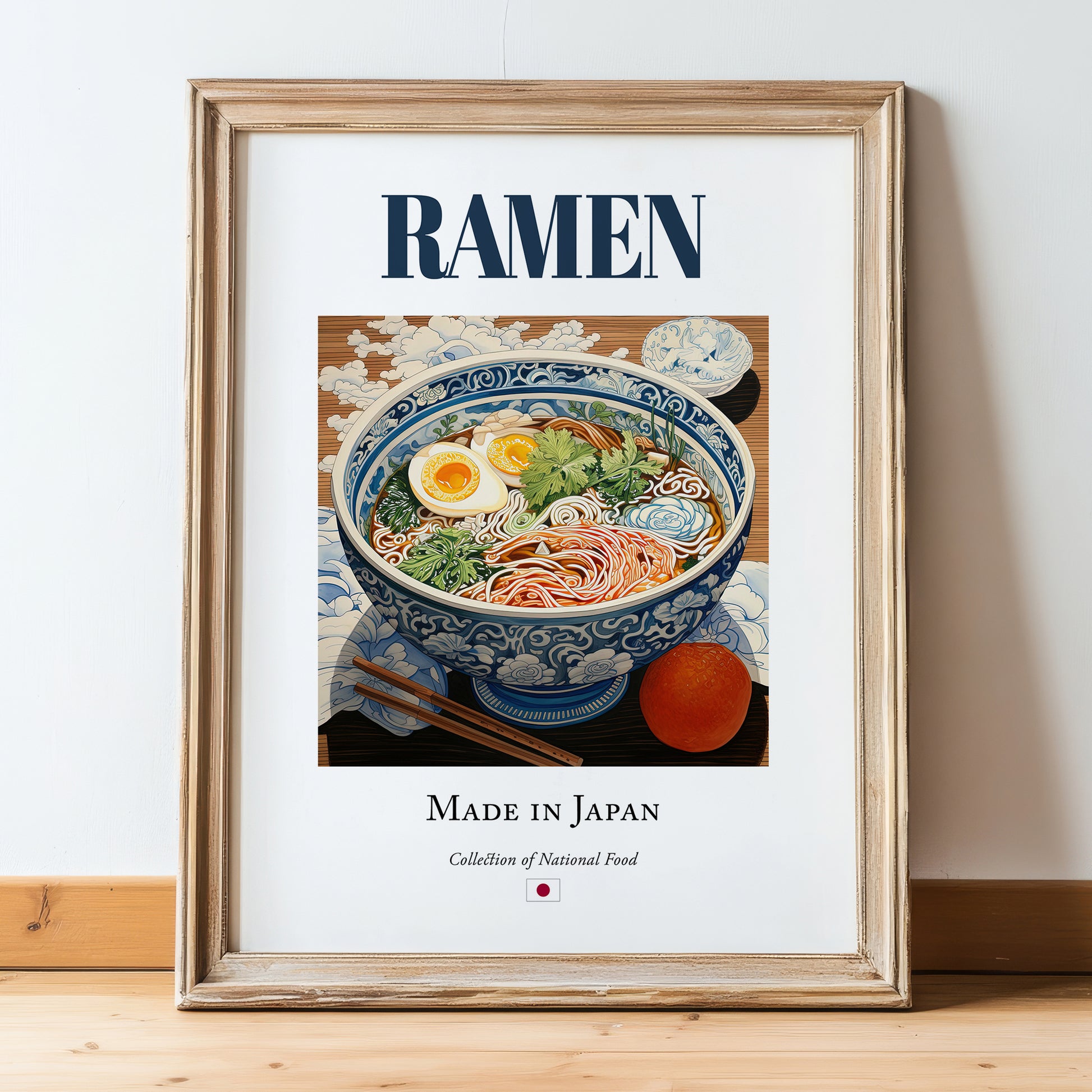 Ramen – Japanese Soup Dish, Café Wall Art, in wooden frame leaning on the floor
