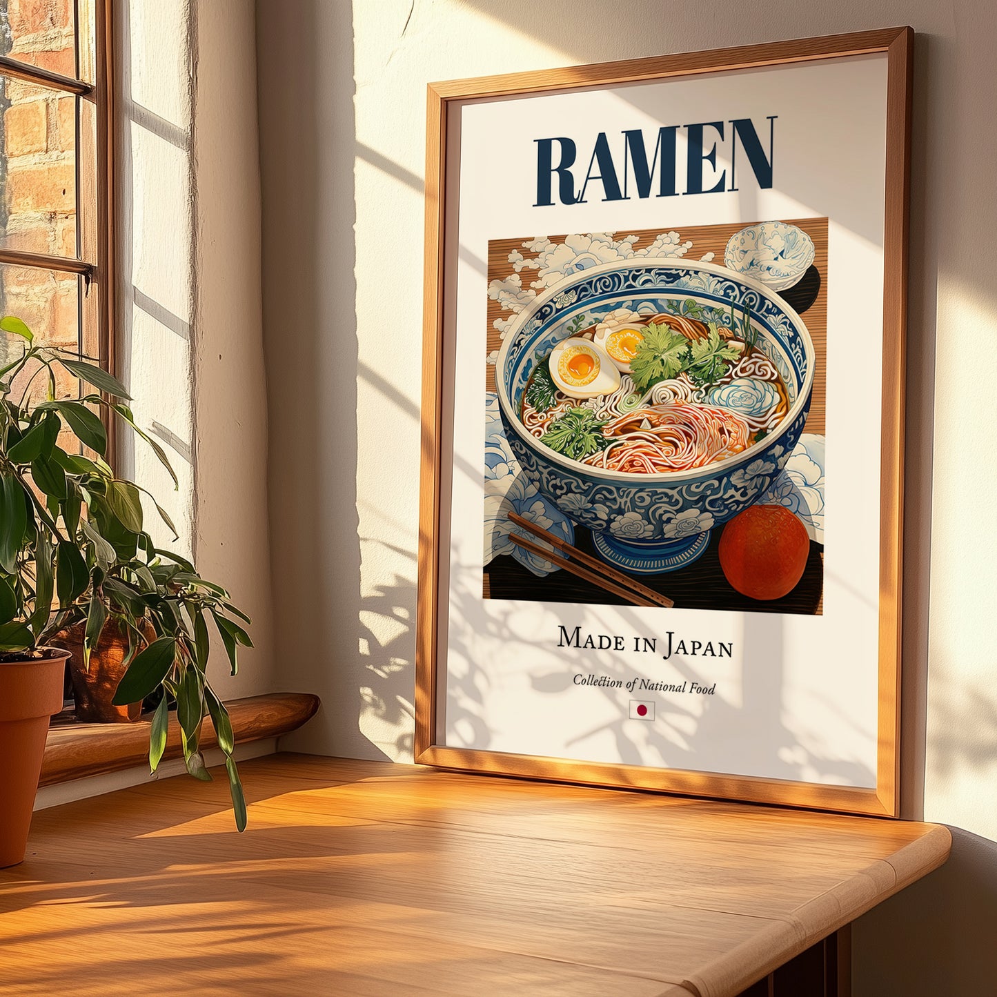 Ramen – Japanese Soup Dish, Café Wall Art, no-text version framed in wood