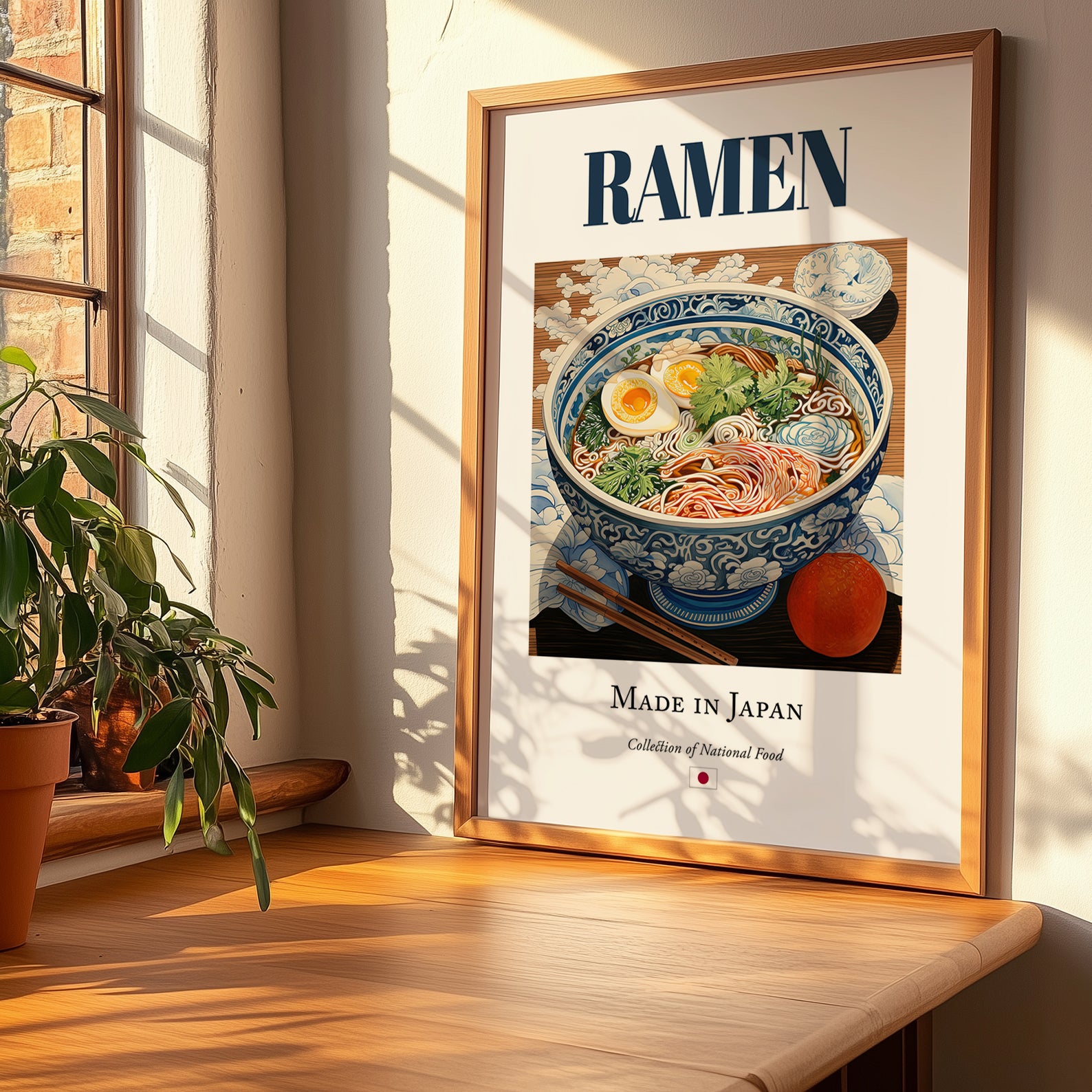Ramen – Japanese Soup Dish, Café Wall Art, no-text version framed in wood