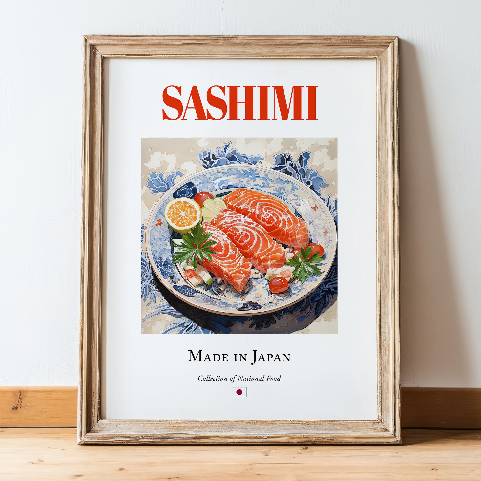 Sashimi – Japanese Dish, Restaurant Painting, in wooden frame leaning on the floor