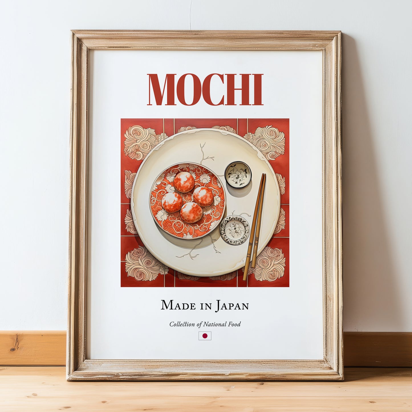 Mochi – Japanese Dessert Dish, Restaurant Art, in wooden frame leaning on the floor