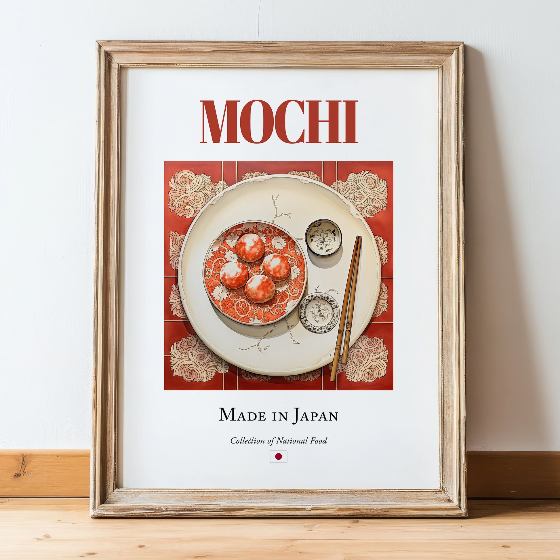 Mochi – Japanese Dessert Dish, Restaurant Art, in wooden frame leaning on the floor