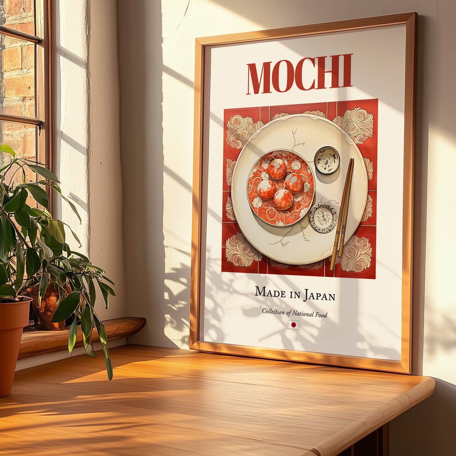 Mochi – Japanese Dessert Dish, Restaurant Art, no-text version framed in wood