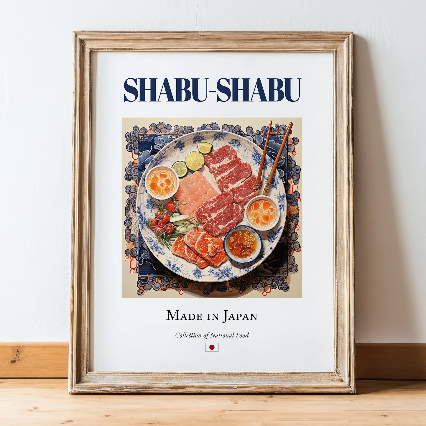 Shabu-shabu – Japanese Soup Dish, Food Bar Illustration, in wooden frame leaning on the floor