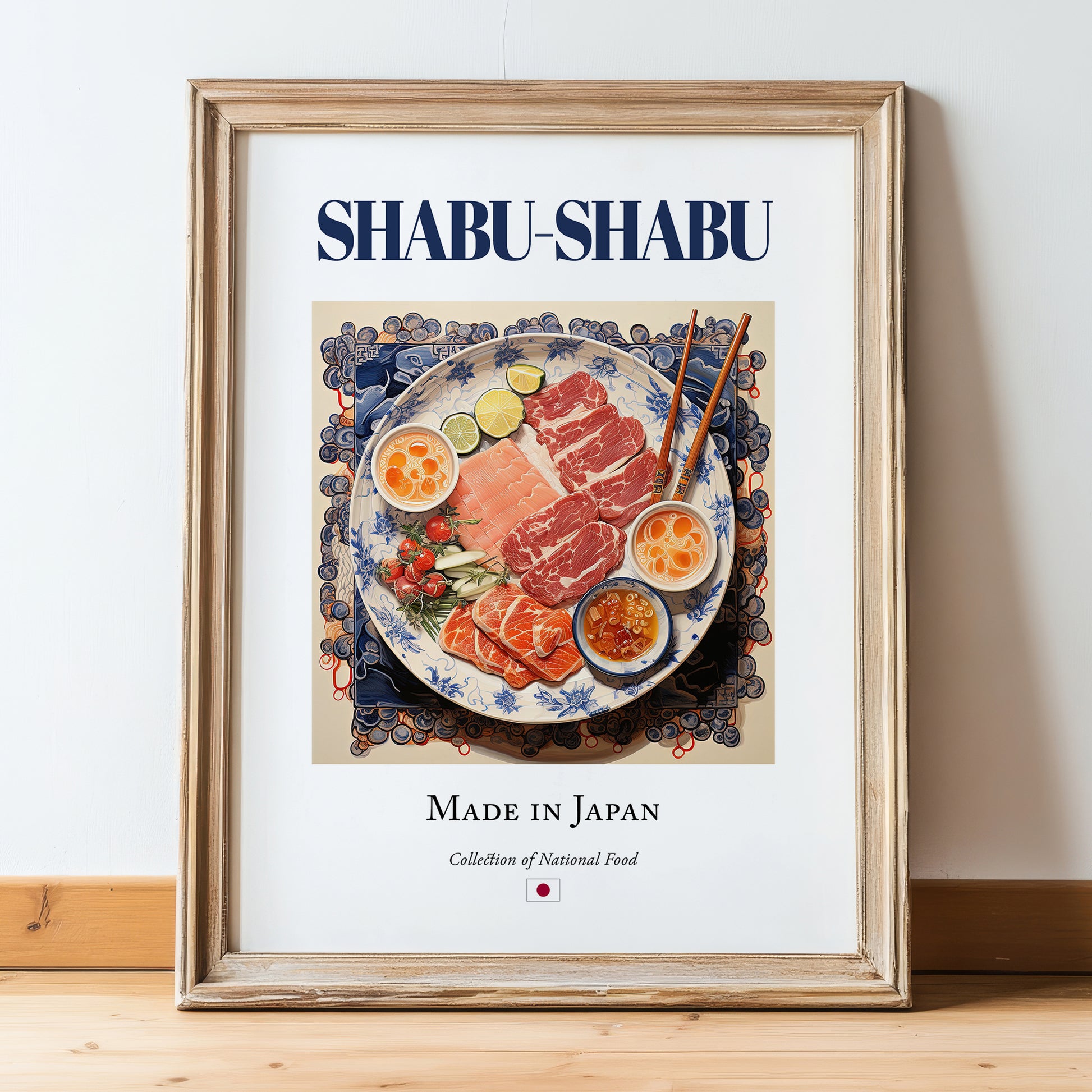 Shabu-shabu – Japanese Soup Dish, Food Bar Illustration, in wooden frame leaning on the floor