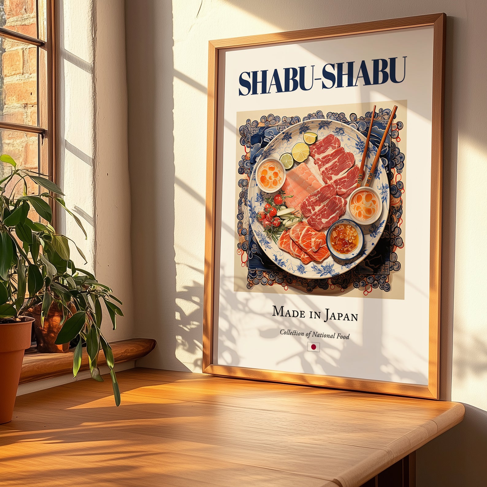 Shabu-shabu – Japanese Soup Dish, Food Bar Illustration, no-text version framed in wood