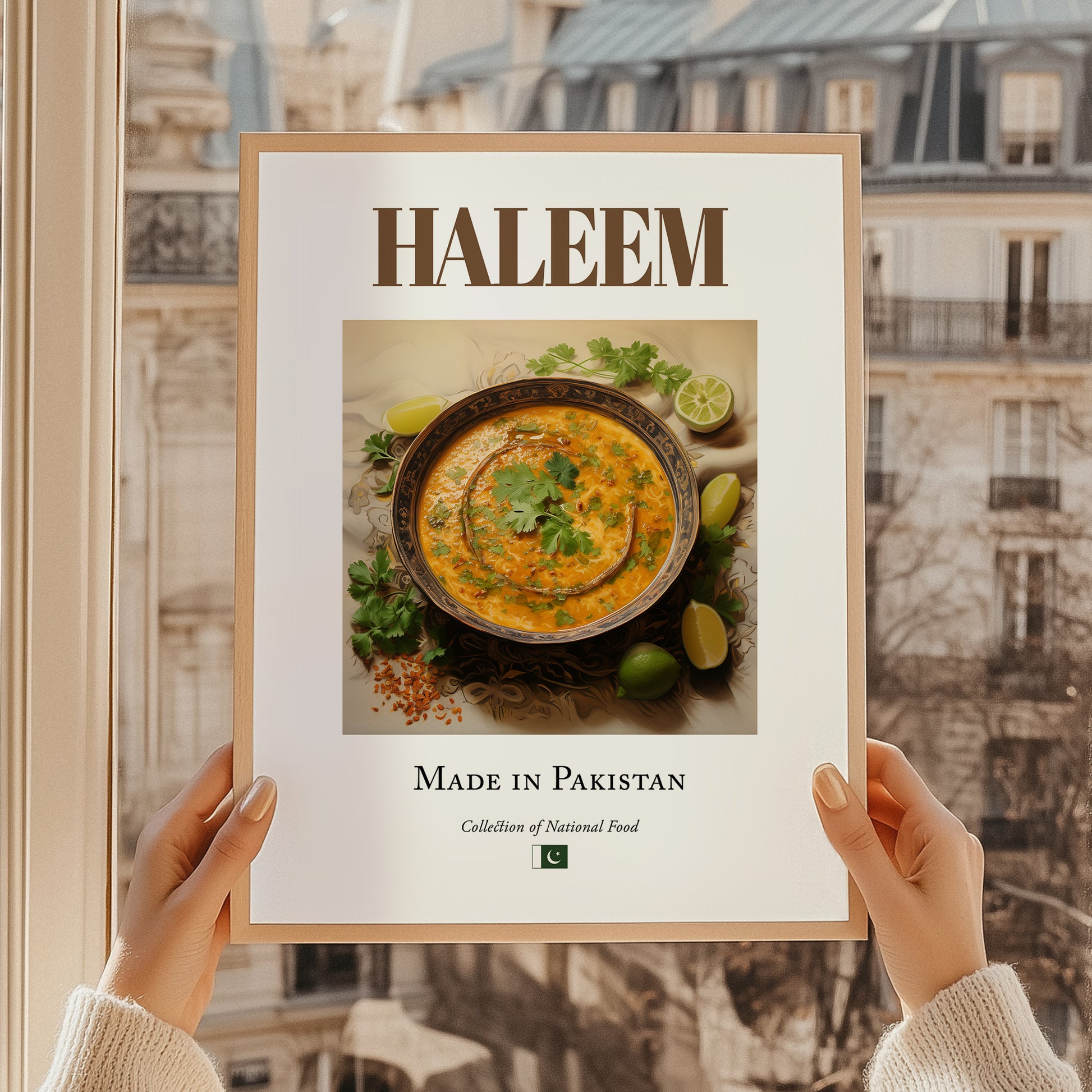 Haleem – Pakistani Soup Dish, Restaurant Poster, styled in a charming Paris street view