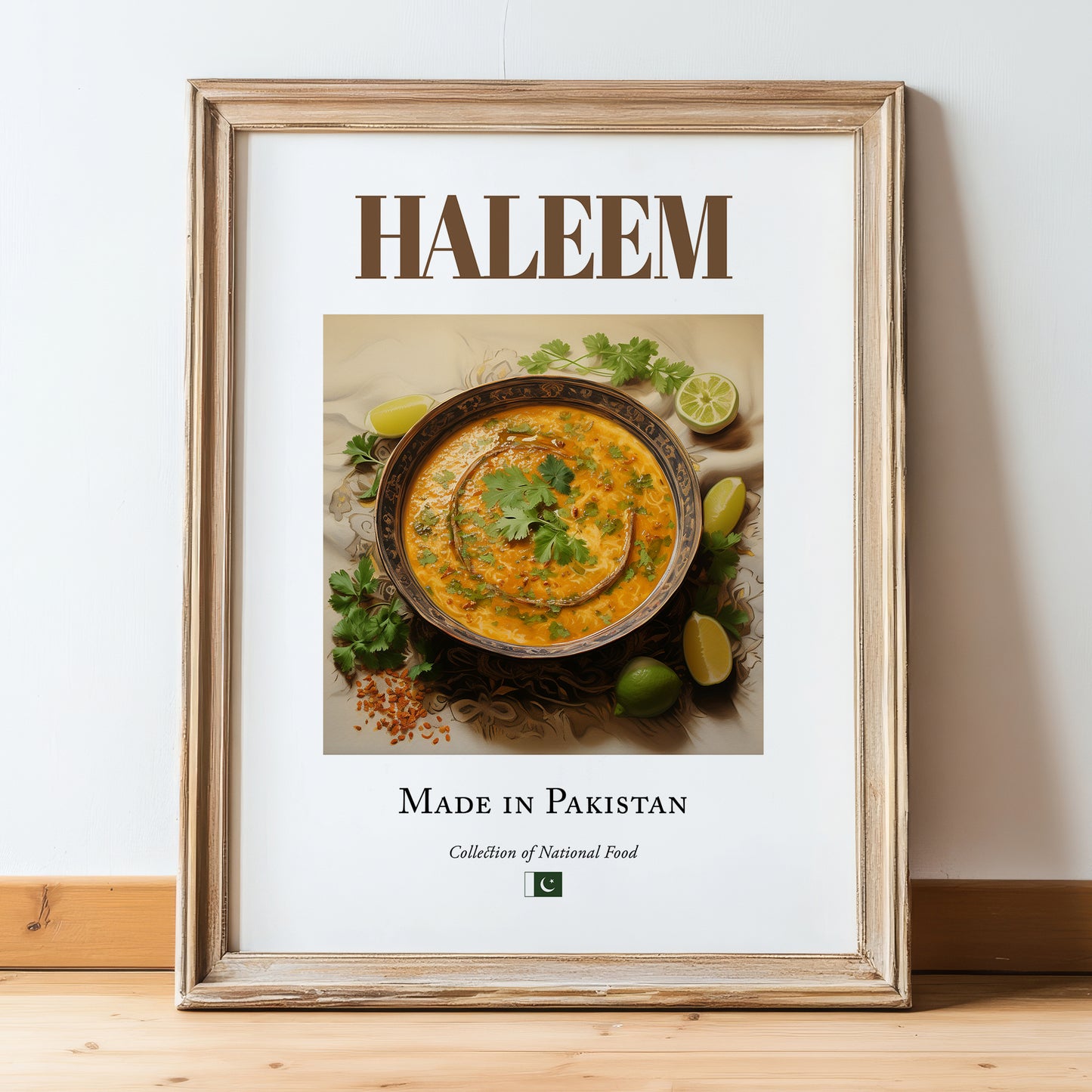 Haleem – Pakistani Soup Dish, Restaurant Poster, in wooden frame leaning on the floor