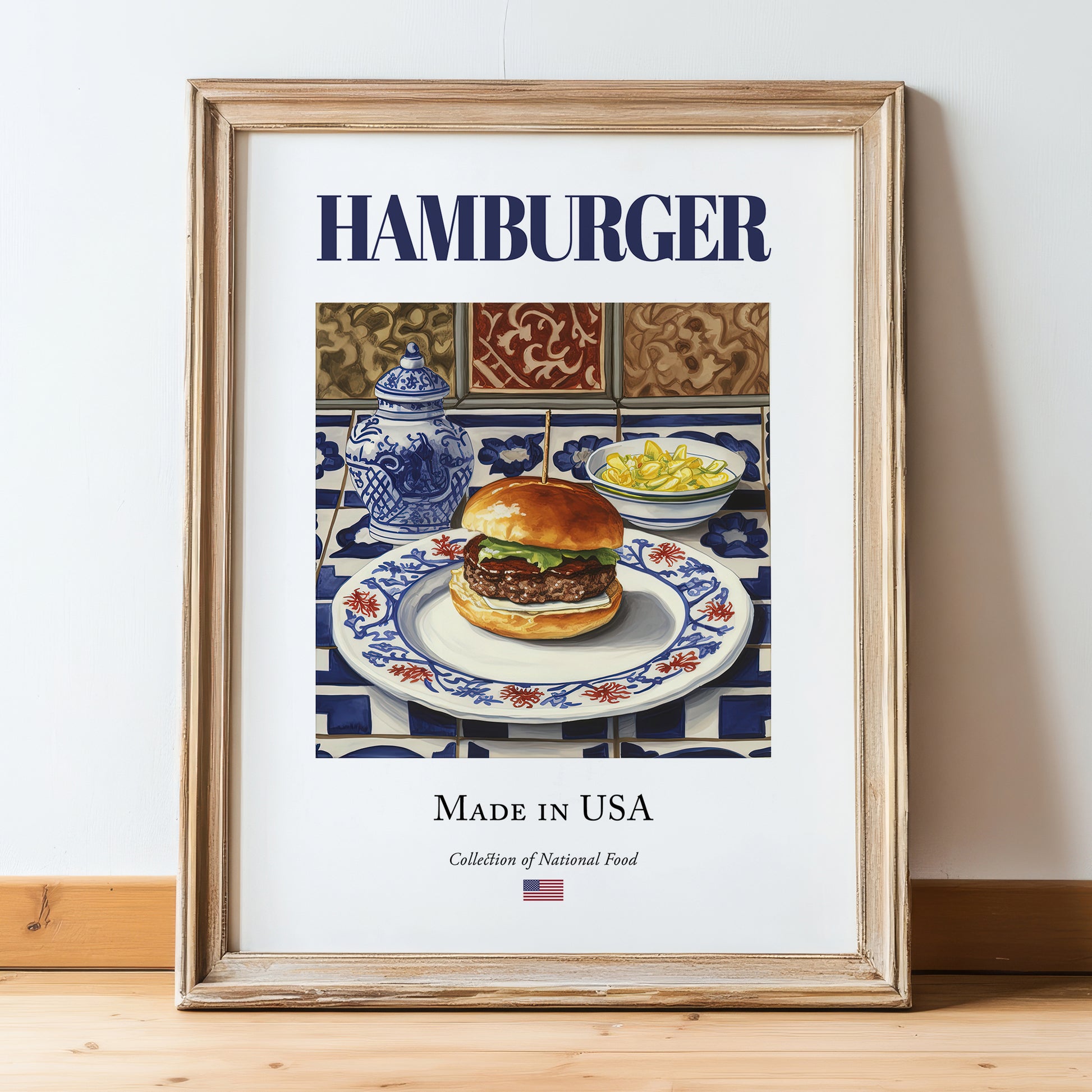 Hamburger – American Snack Dish, Bistro Poster, in wooden frame leaning on the floor