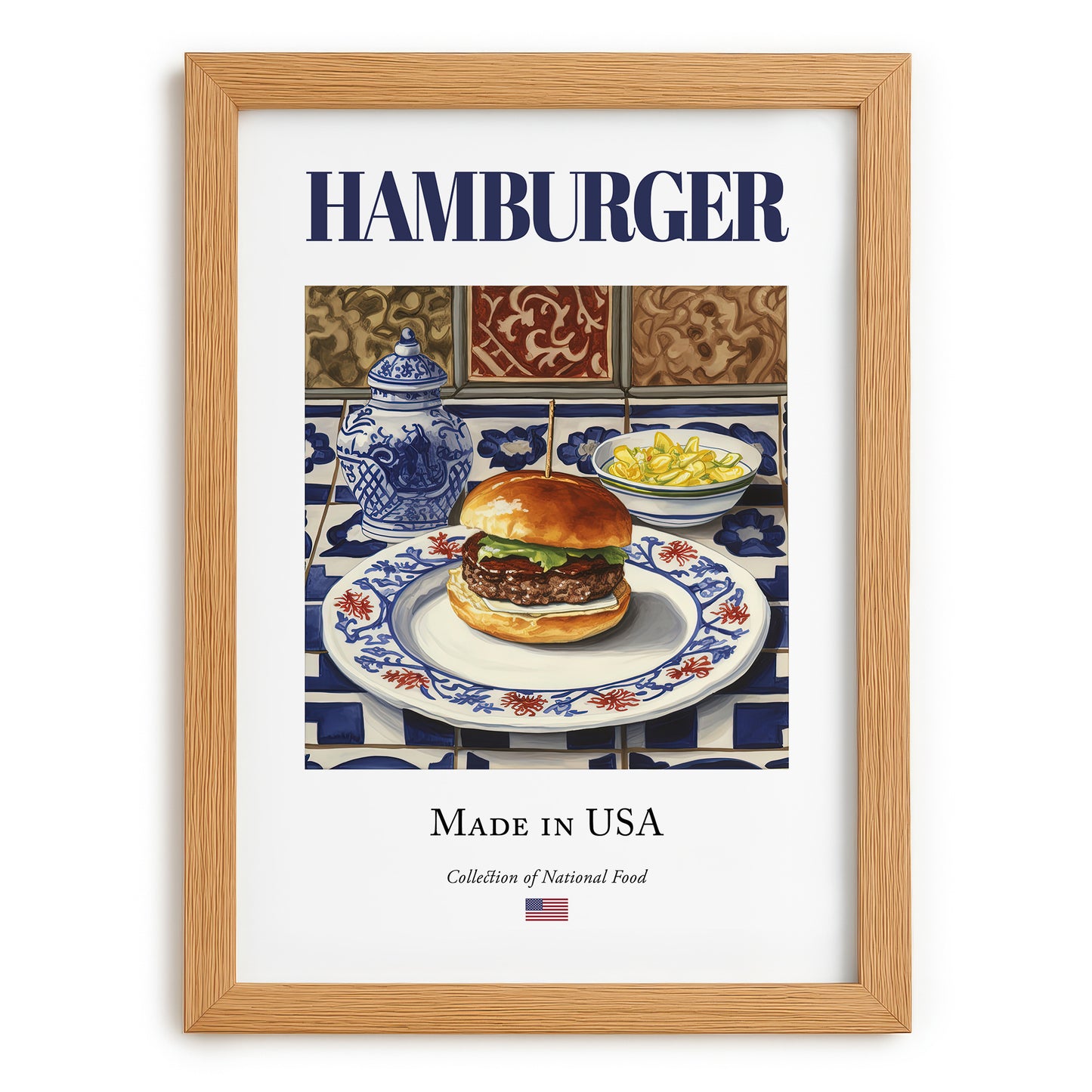 Hamburger – American Snack Dish, Bistro Poster, set in oak frame