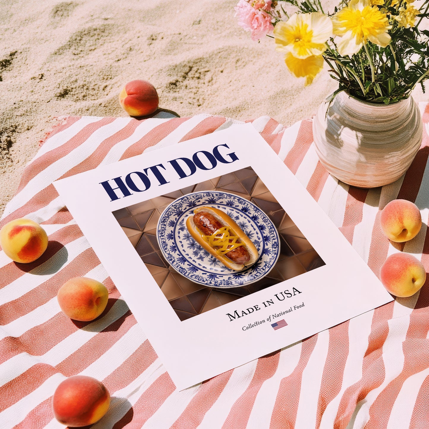 Hot dog – American Snack Dish, Café Illustration, unframed on coastal sand