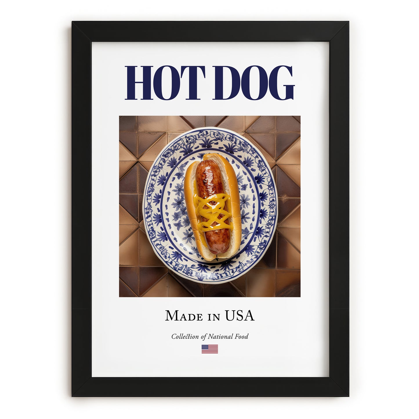 Hot dog – American Snack Dish, Café Illustration, in sleek black frame