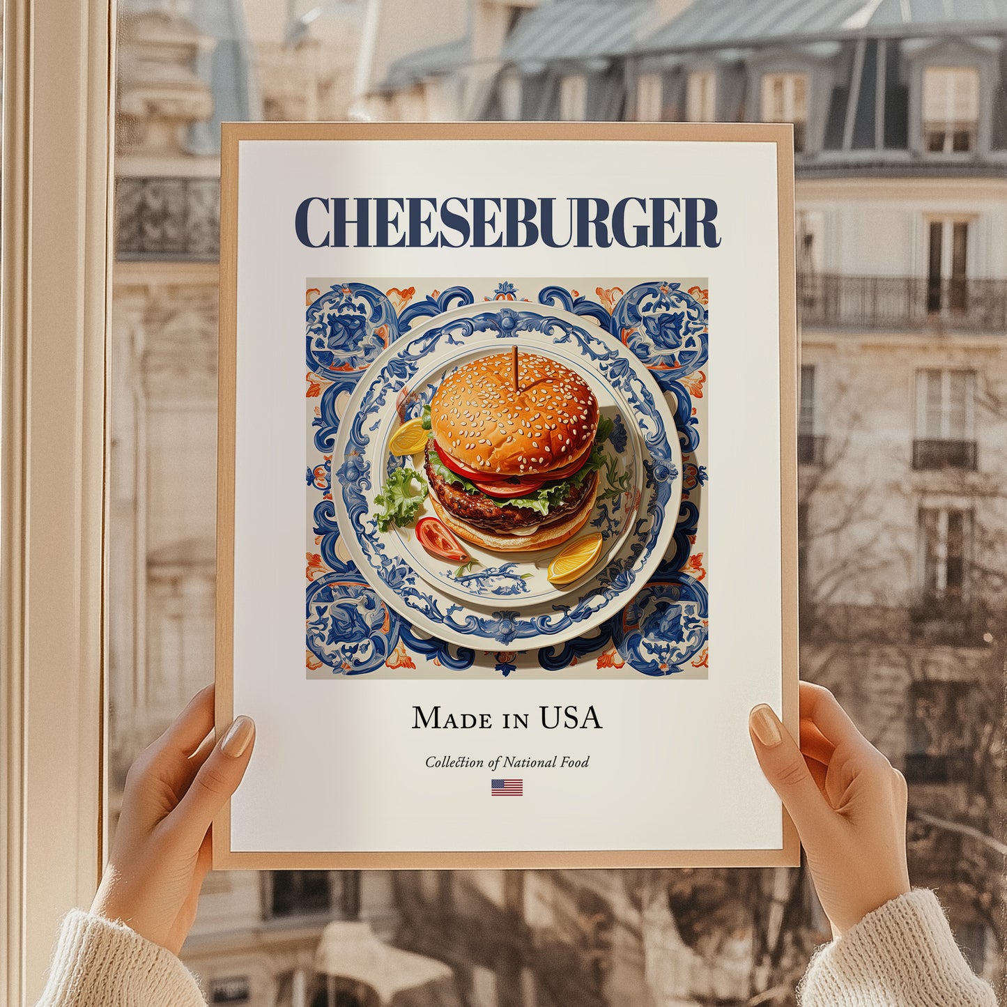 Cheeseburger – American Snack Dish, Farmhouse Kitchen Poster, styled in a charming Paris street view