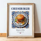 Cheeseburger – American Snack Dish, Farmhouse Kitchen Poster, in wooden frame leaning on the floor