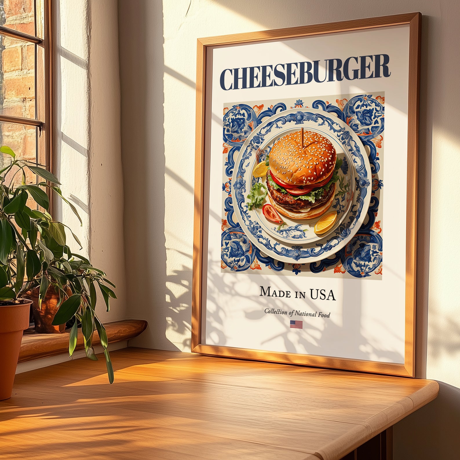 Cheeseburger – American Snack Dish, Farmhouse Kitchen Poster, no-text version framed in wood