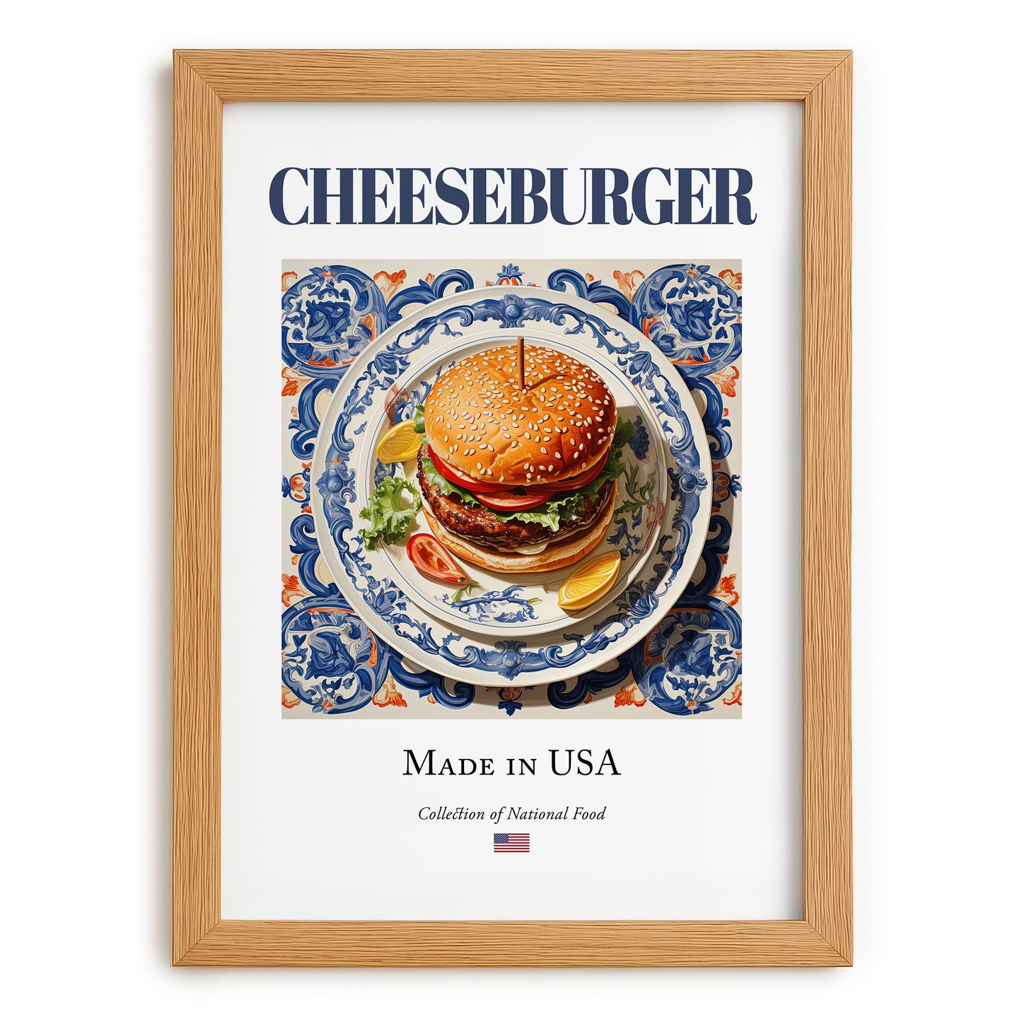 Cheeseburger – American Snack Dish, Farmhouse Kitchen Poster, set in oak frame