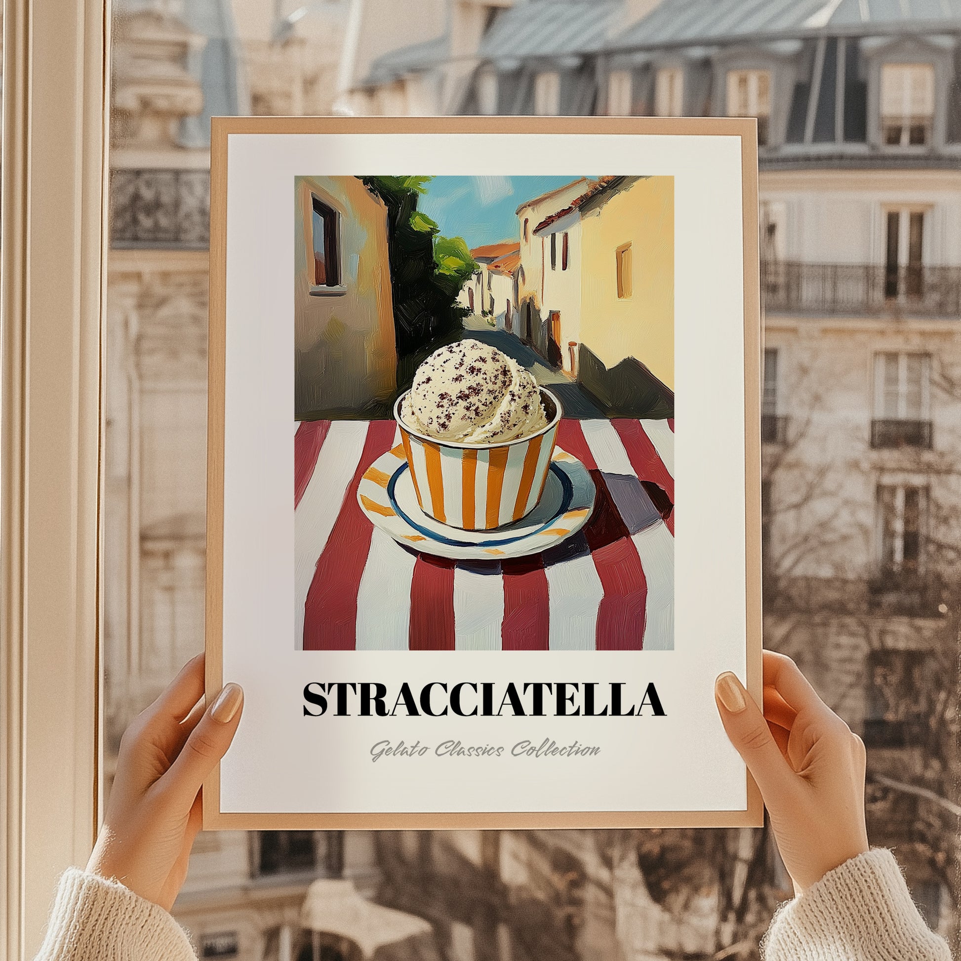 Gelato Stracciatella – Italian Urban Café Scene, Gelato Wall Illustration, styled in a charming Paris street view