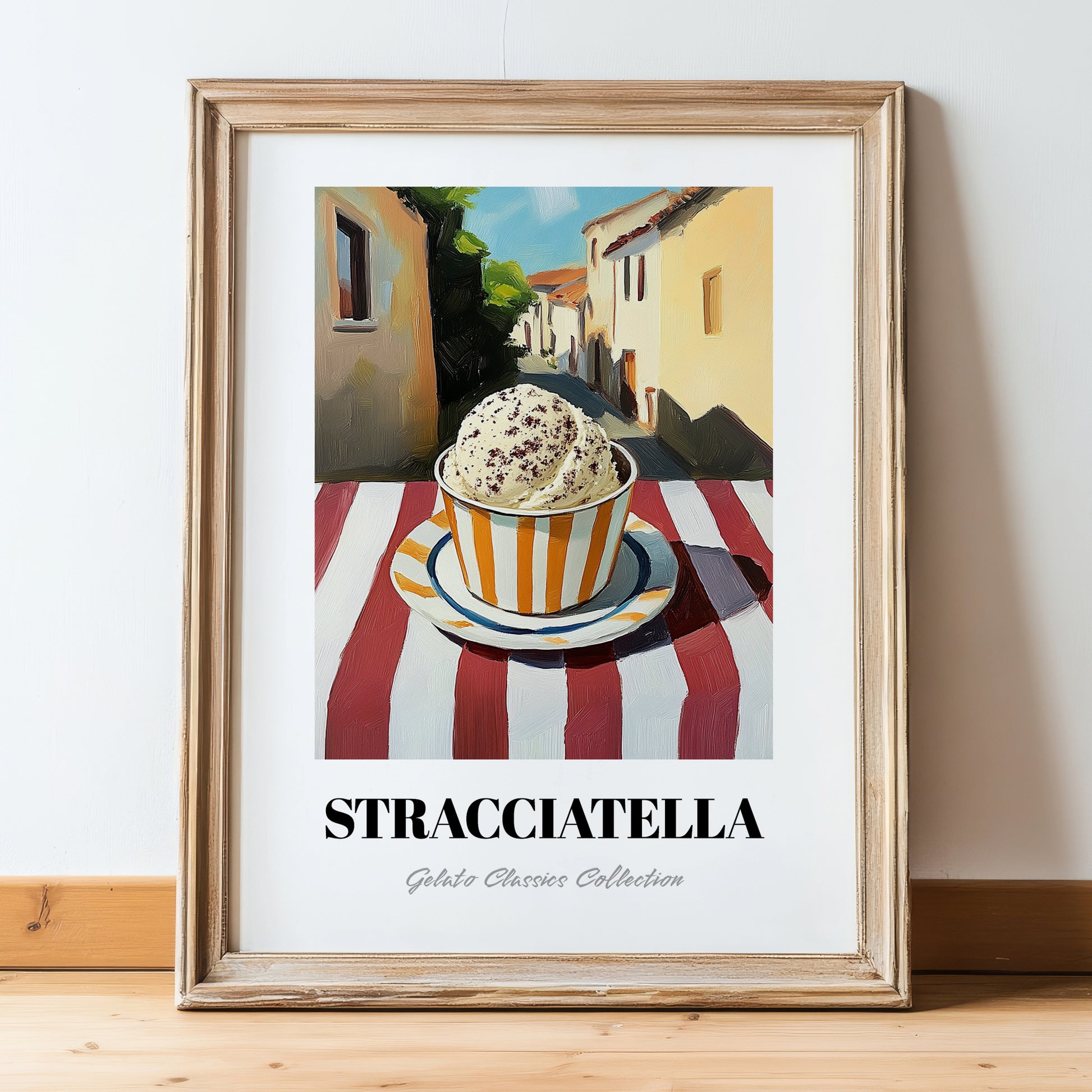 Gelato Stracciatella – Italian Urban Café Scene, Gelato Wall Illustration, in wooden frame leaning on the floor
