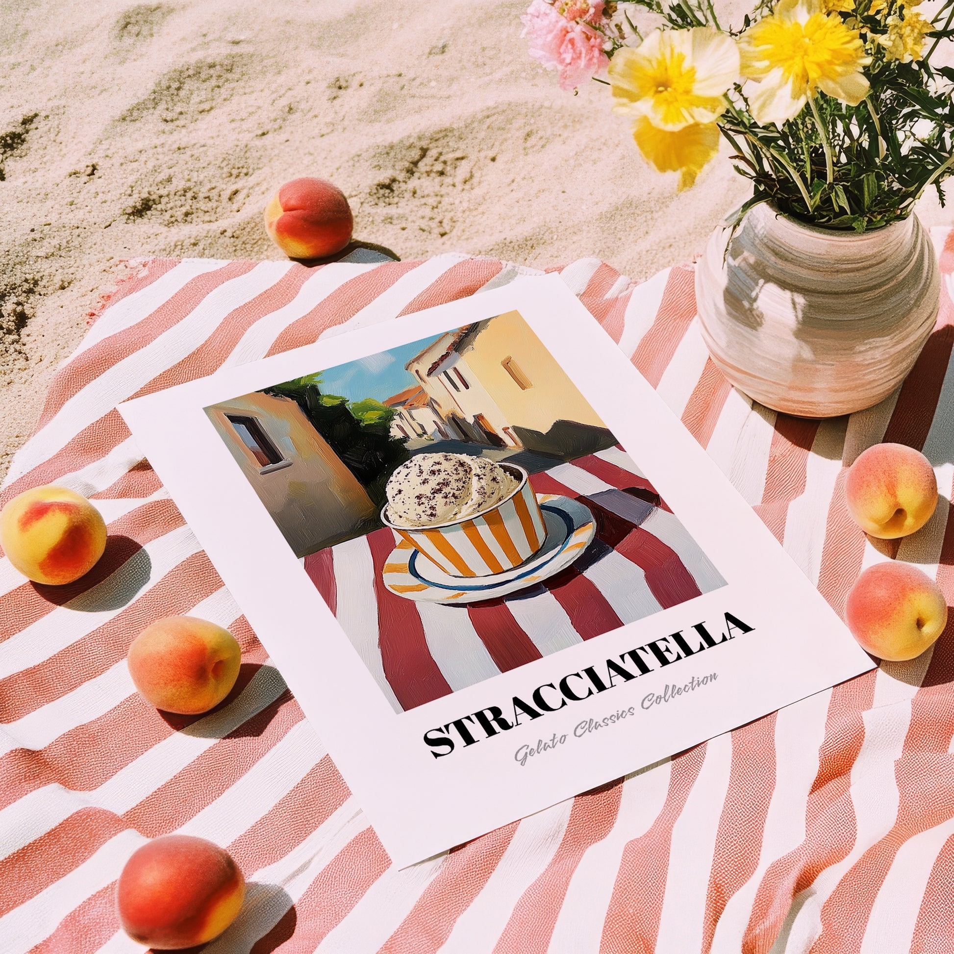 Gelato Stracciatella – Italian Urban Café Scene, Gelato Wall Illustration, unframed on coastal sand