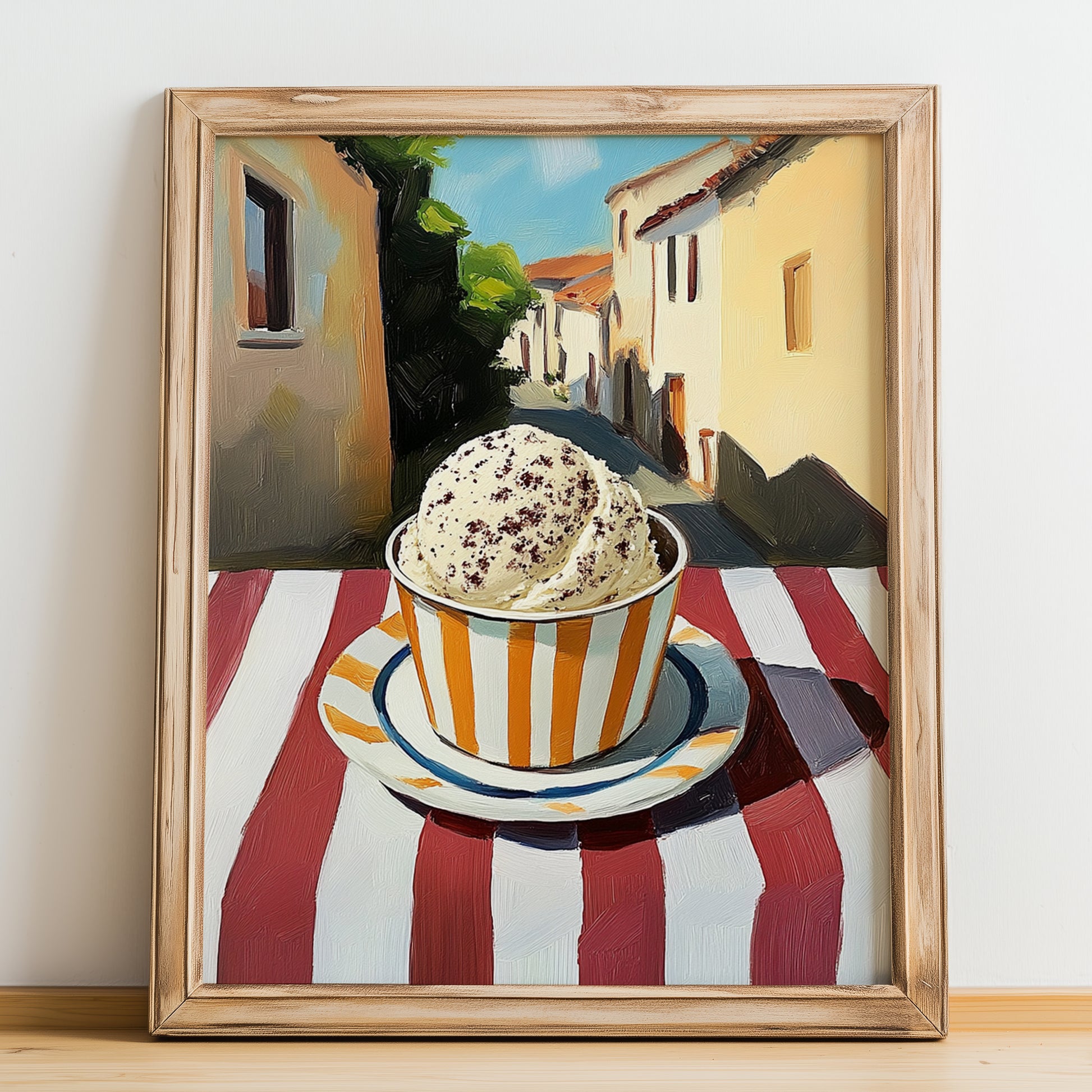 Gelato Stracciatella – Italian Urban Café Scene, Gelato Wall Illustration, no-text version framed in wood
