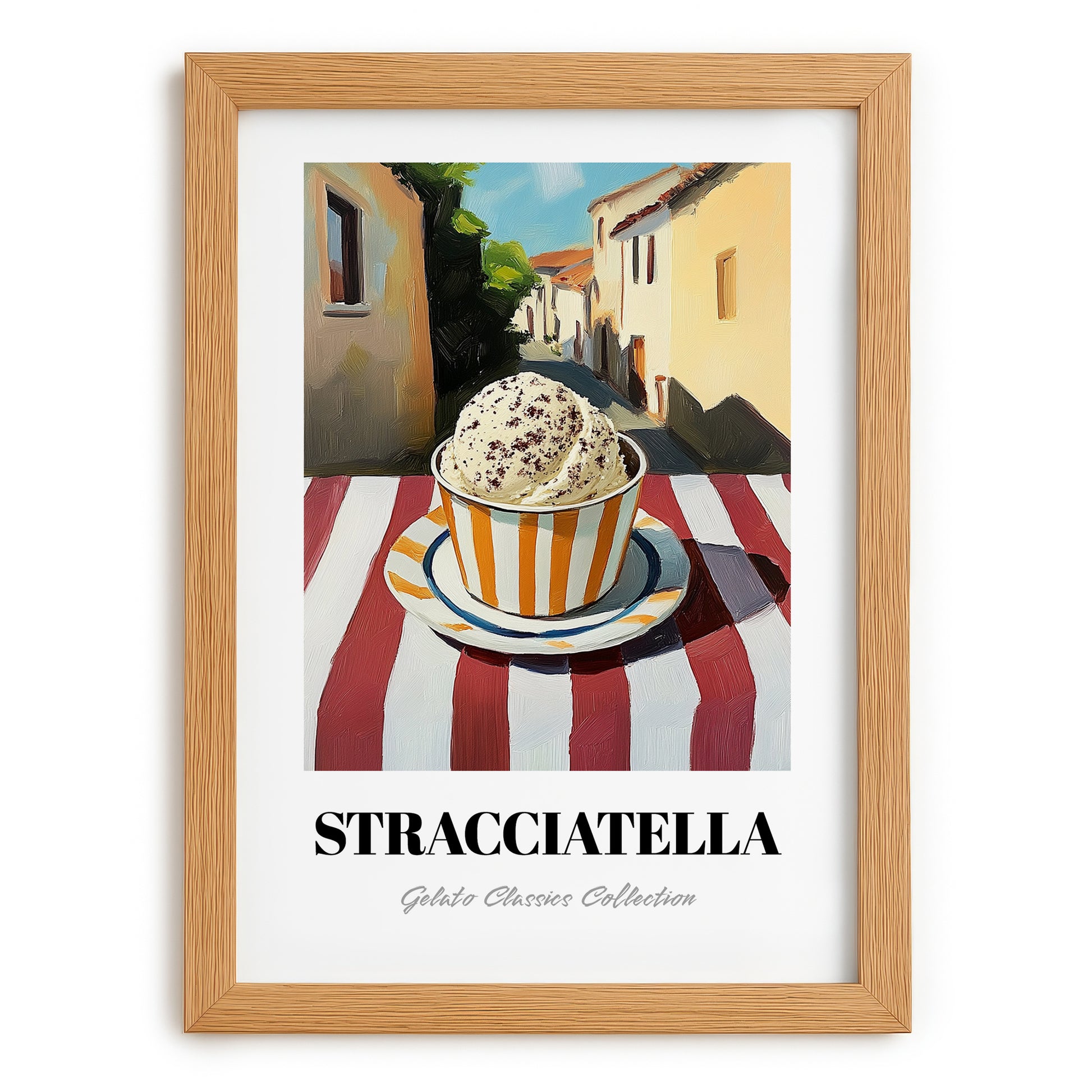 Gelato Stracciatella – Italian Urban Café Scene, Gelato Wall Illustration, set in oak frame