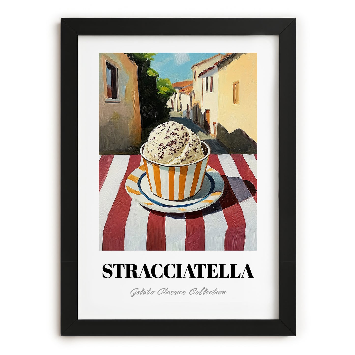 Gelato Stracciatella – Italian Urban Café Scene, Gelato Wall Illustration, in sleek black frame