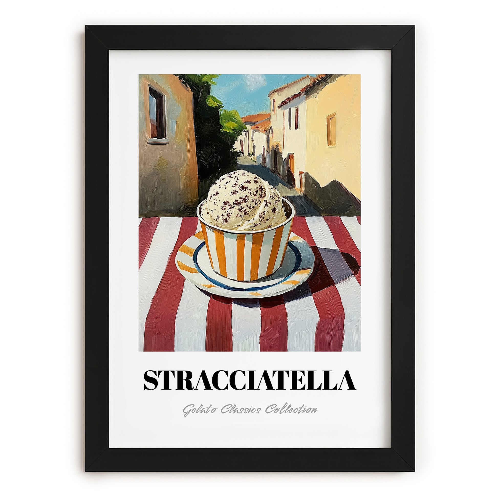 Gelato Stracciatella – Italian Urban Café Scene, Gelato Wall Illustration, in sleek black frame