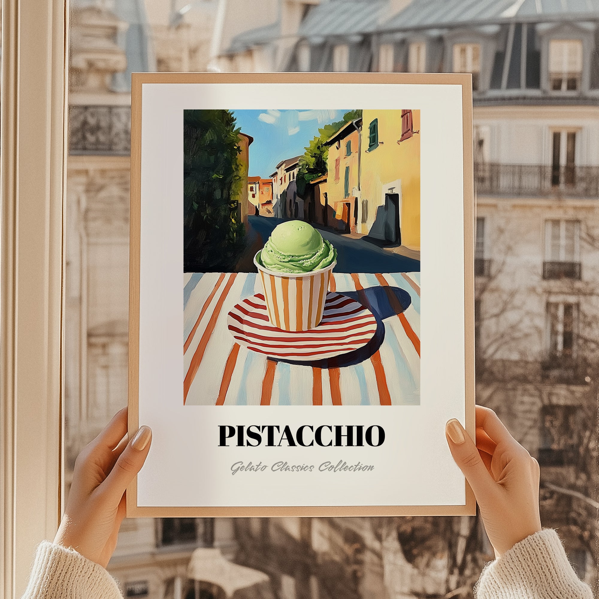 Gelato Pistacchio – Italian Urban Café Scene, Gelato Illustration, styled in a charming Paris street view