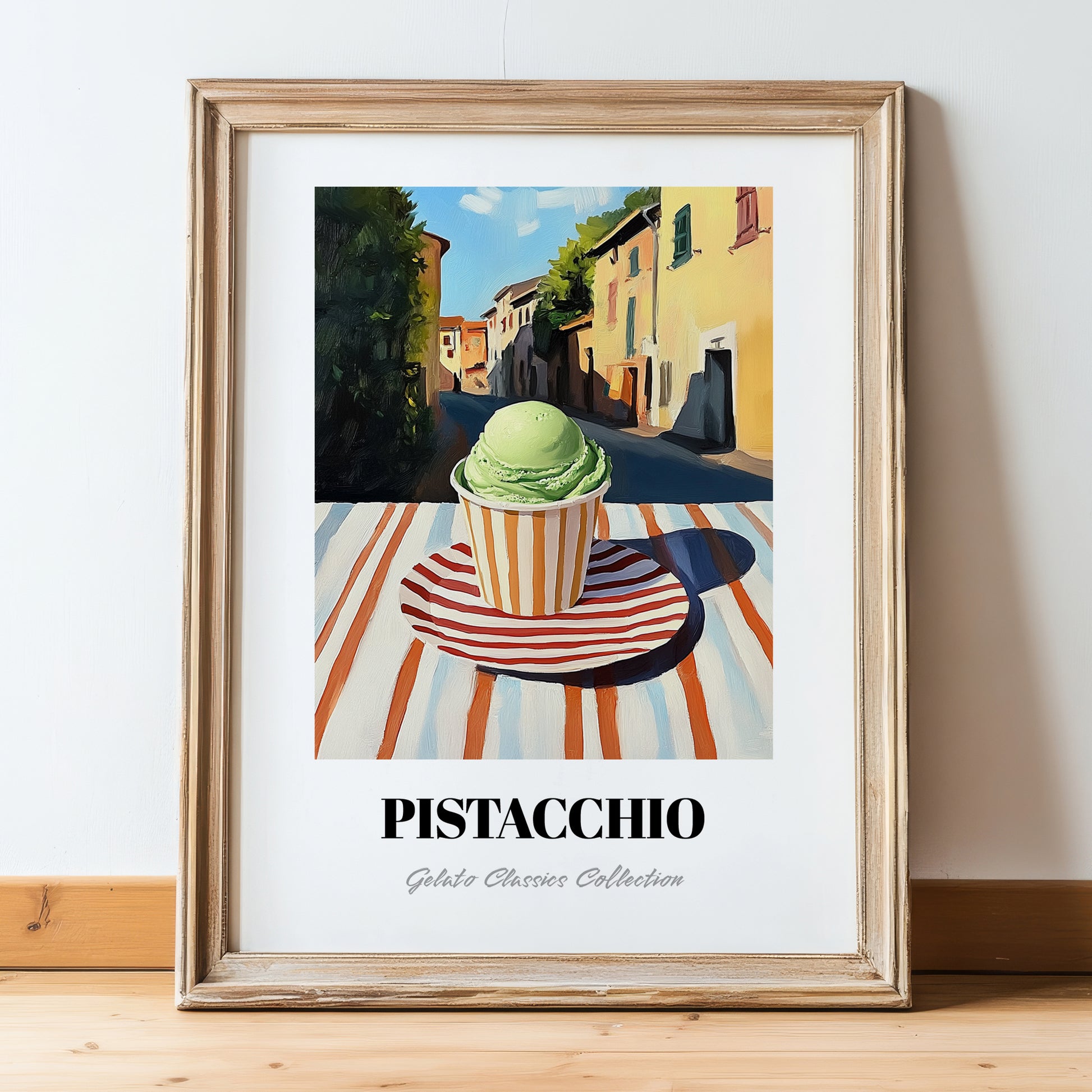 Gelato Pistacchio – Italian Urban Café Scene, Gelato Illustration, in wooden frame leaning on the floor
