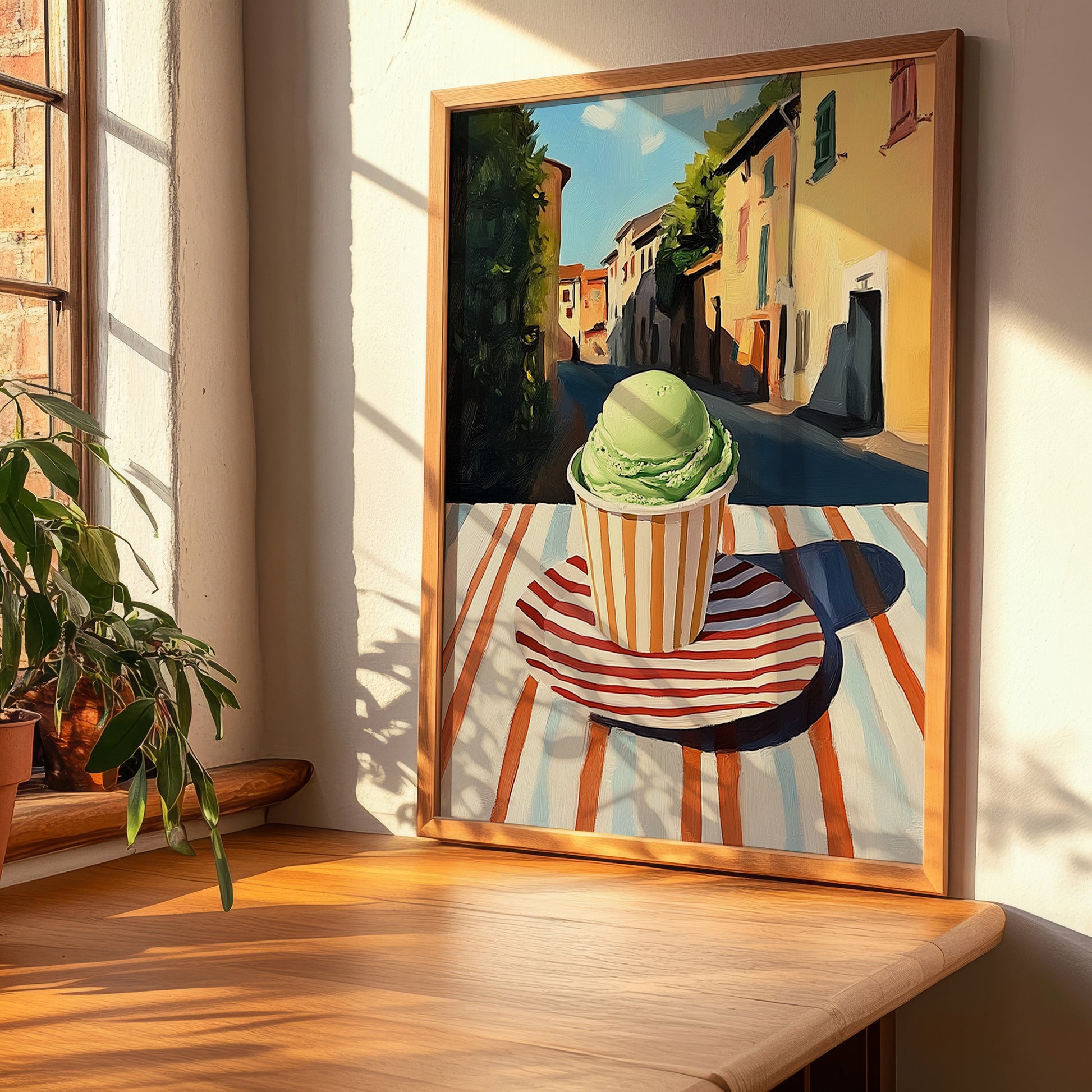 Gelato Pistacchio – Italian Urban Café Scene, Gelato Illustration, clean layout with no caption