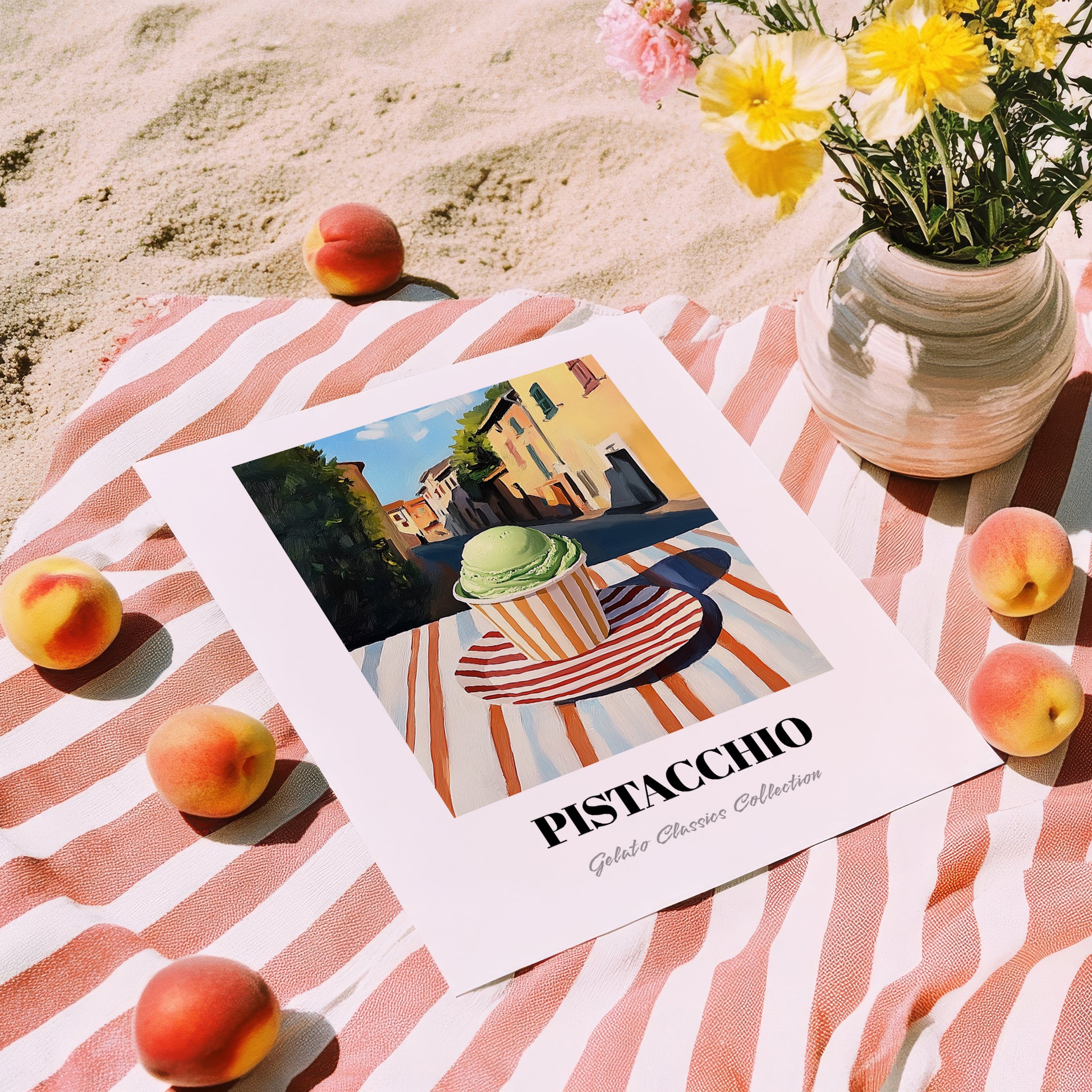 Gelato Pistacchio – Italian Urban Café Scene, Gelato Illustration, unframed on coastal sand