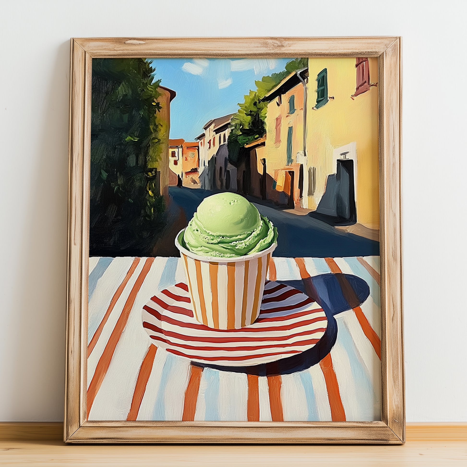 Gelato Pistacchio – Italian Urban Café Scene, Gelato Illustration, no-text version framed in wood