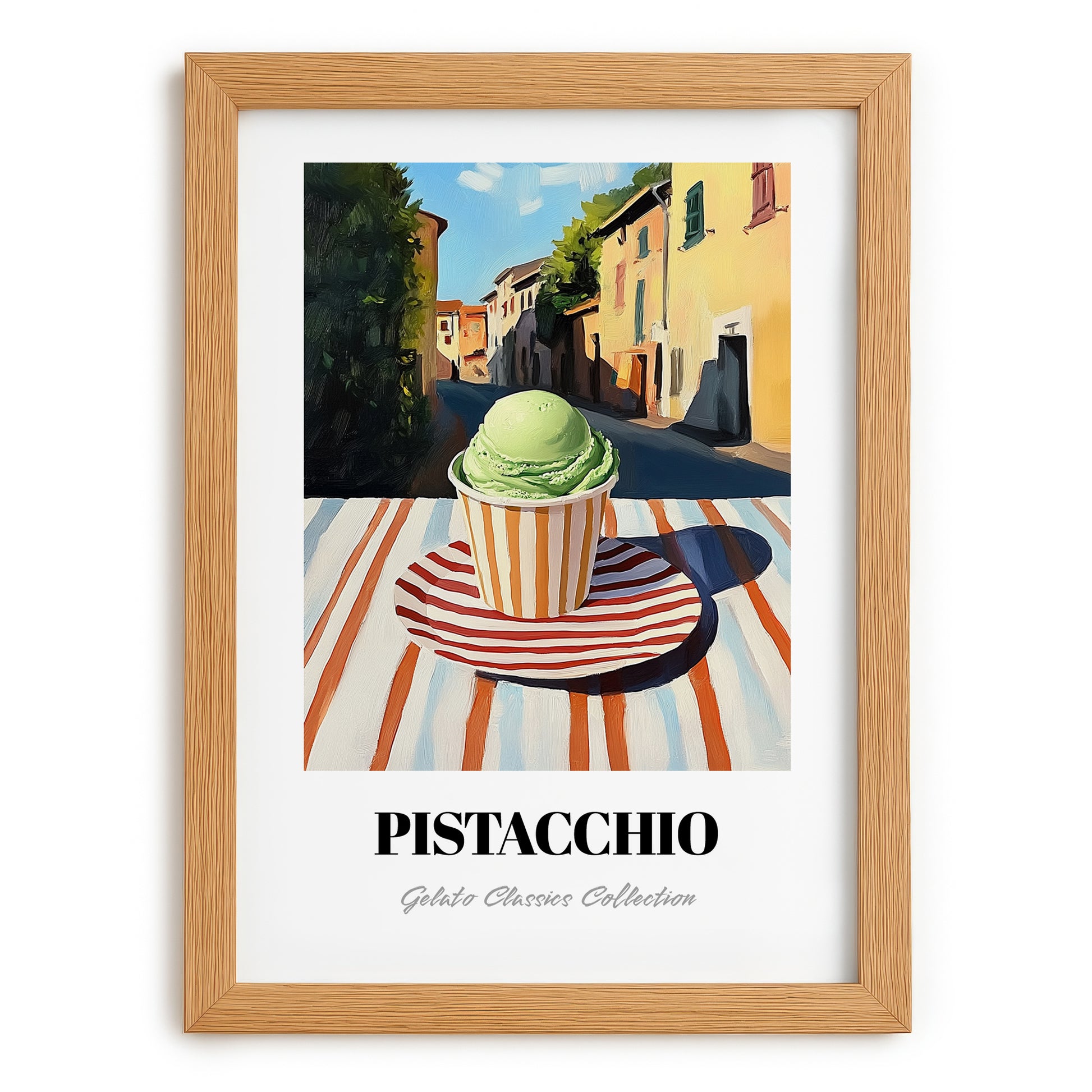 Gelato Pistacchio – Italian Urban Café Scene, Gelato Illustration, set in oak frame